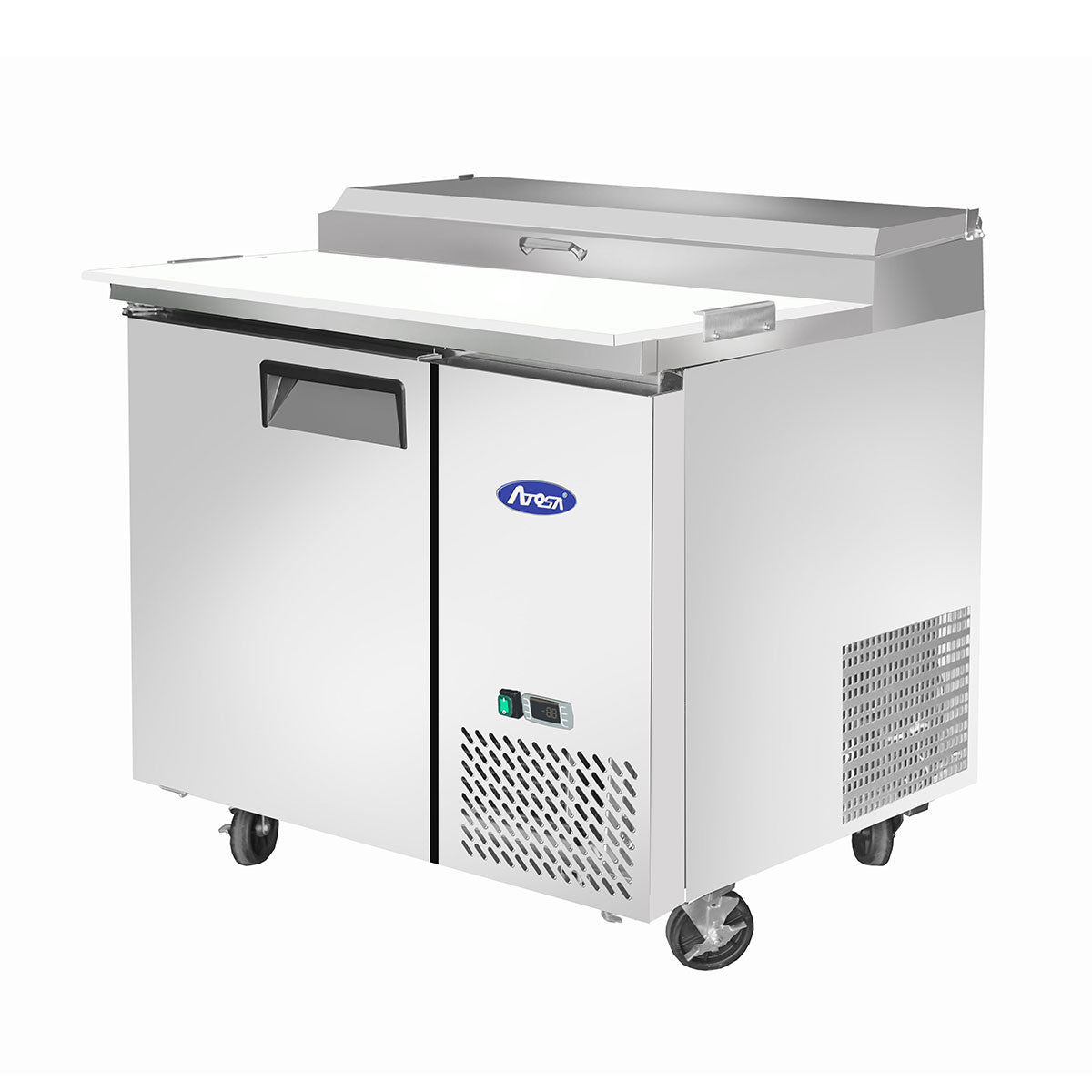 Atosa MPF8201 Commercial Single Door Pizza Prep Table Refrigerator - Stainless Steel Work Surface with Under Counter Storage for Restaurants, Pizzerias, and Catering Businesses