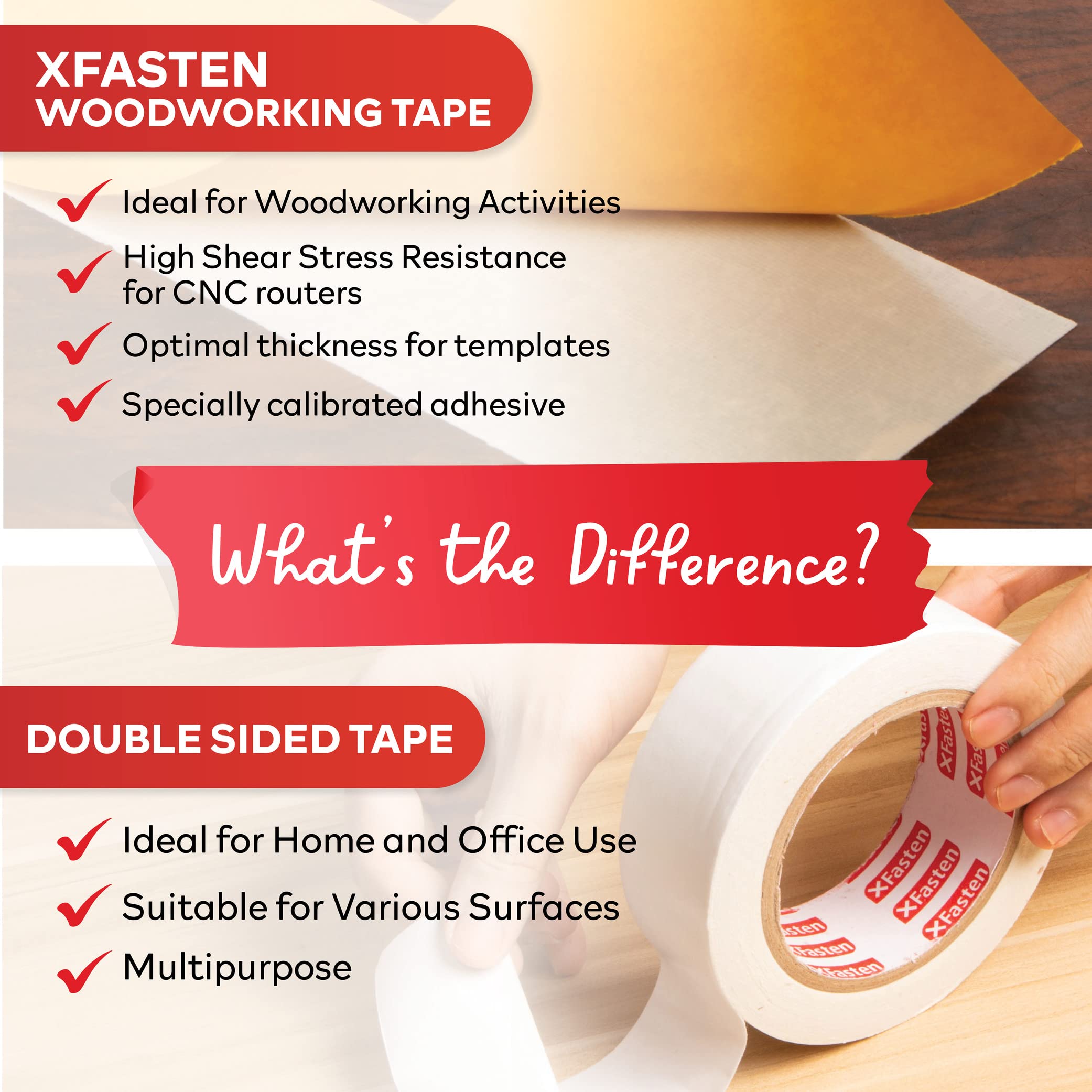 XFasten 1-Inch x 36-Yards Double Sided Woodworking Tape - 6 Pack Strong Adhesive Sticky Tape for Wood, Scroll Saw, Masking & Craft Projects - Perfect for DIY Furniture, Home Decor and Woodworking Projects