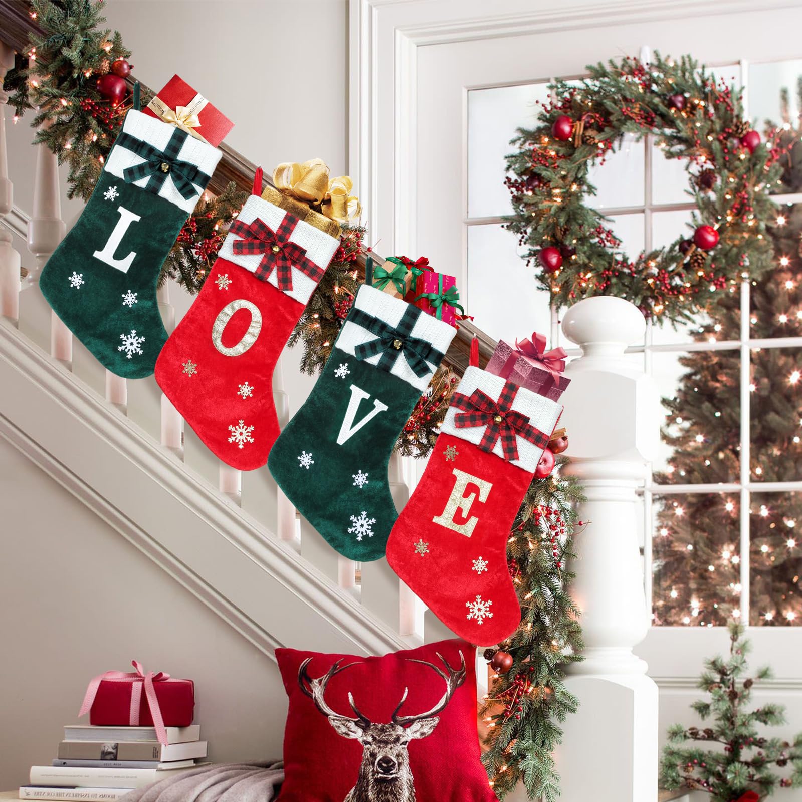 HMASYO 20 Inch Green Velvet Personalized Pet Christmas Stocking - Embroidered Paw Design with Bow & Knitted Cuff for Dogs & Cats | Perfect for Family Holiday Decor, Fireplace Mantel & Gift Exchange