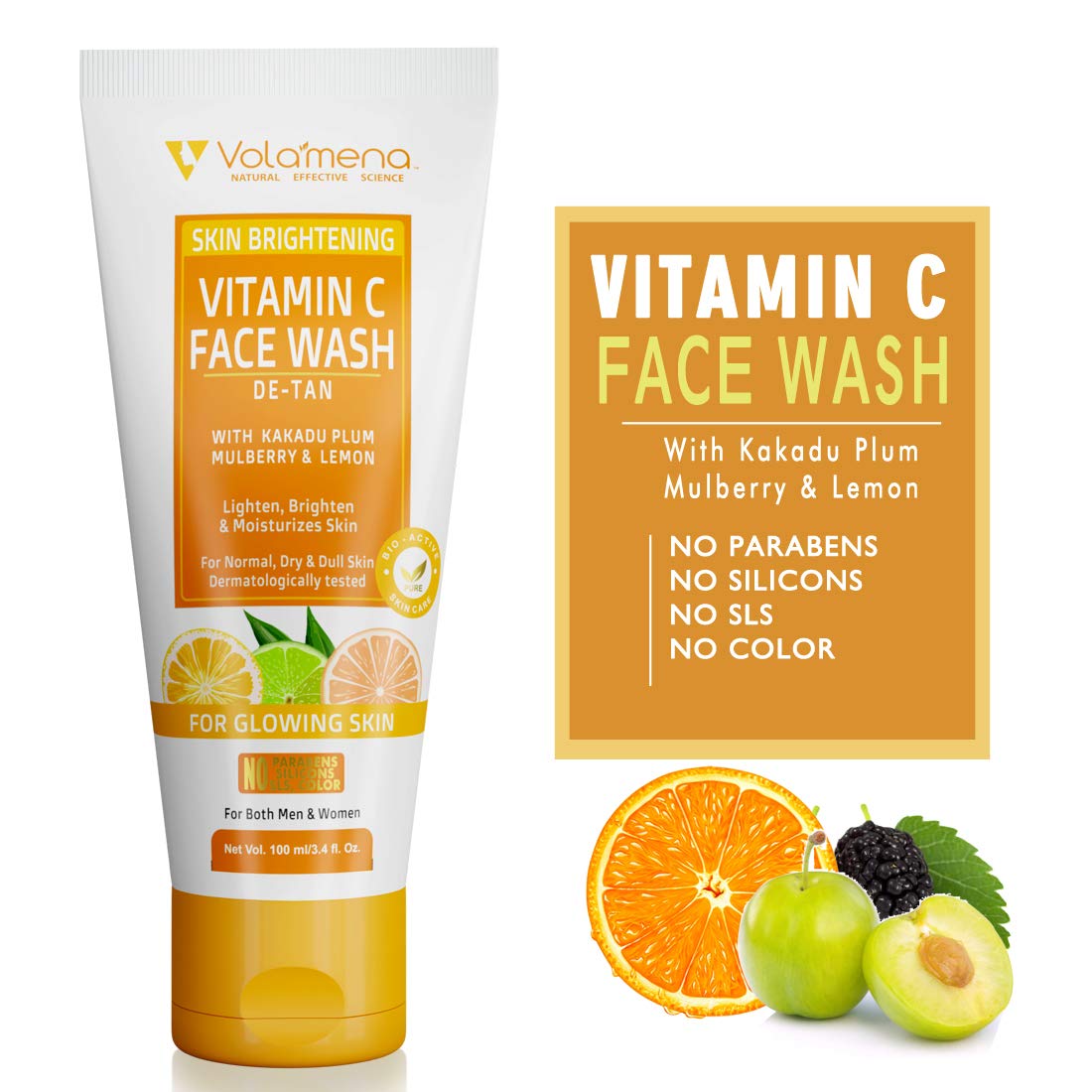 Volamena Vitamin C Face Wash with Orange Extract - Brightening & Glowing Skin Cleanser for Women & Men - 100ml - Perfect for Daily Skincare Routine & Acne-Prone Skin