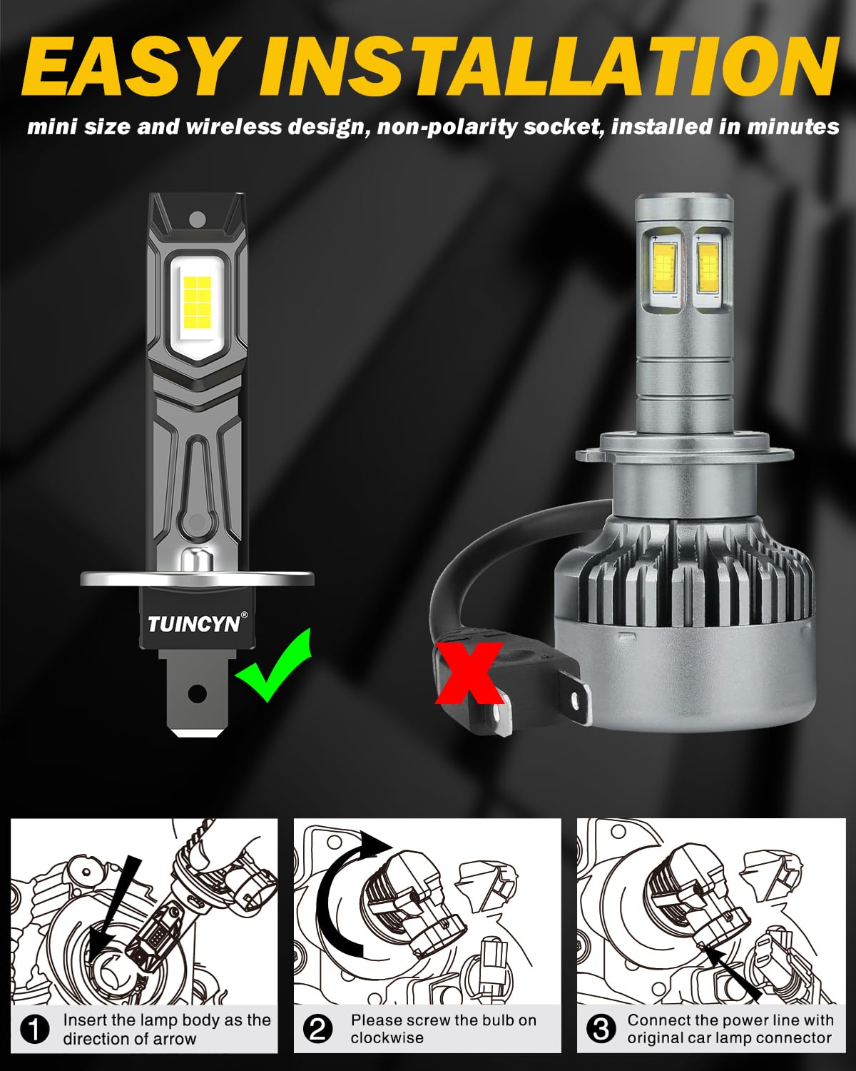 2024 Upgraded TUINCYN H1 LED Bulb - Super Bright 16000LM 12V 6000K White Mini Fanless H1LL Fog Light - Plug & Play No Adapter Needed Non-Polarity (2-Pack) - Perfect for Car Headlights, Fog Lights & Off-Road Vehicles