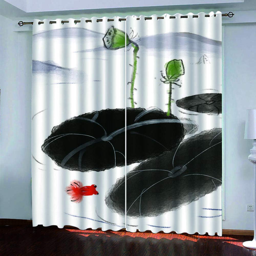 LILYXIN 3D Black Lotus Leaf Fish Print Blackout Curtains for Kids Room - 55x102 Inch Thermal Insulated Window Panels (Set of 2) - Nursery, Boys & Girls Bedroom Decor - Perfect for Daytime Naps & Energy Saving