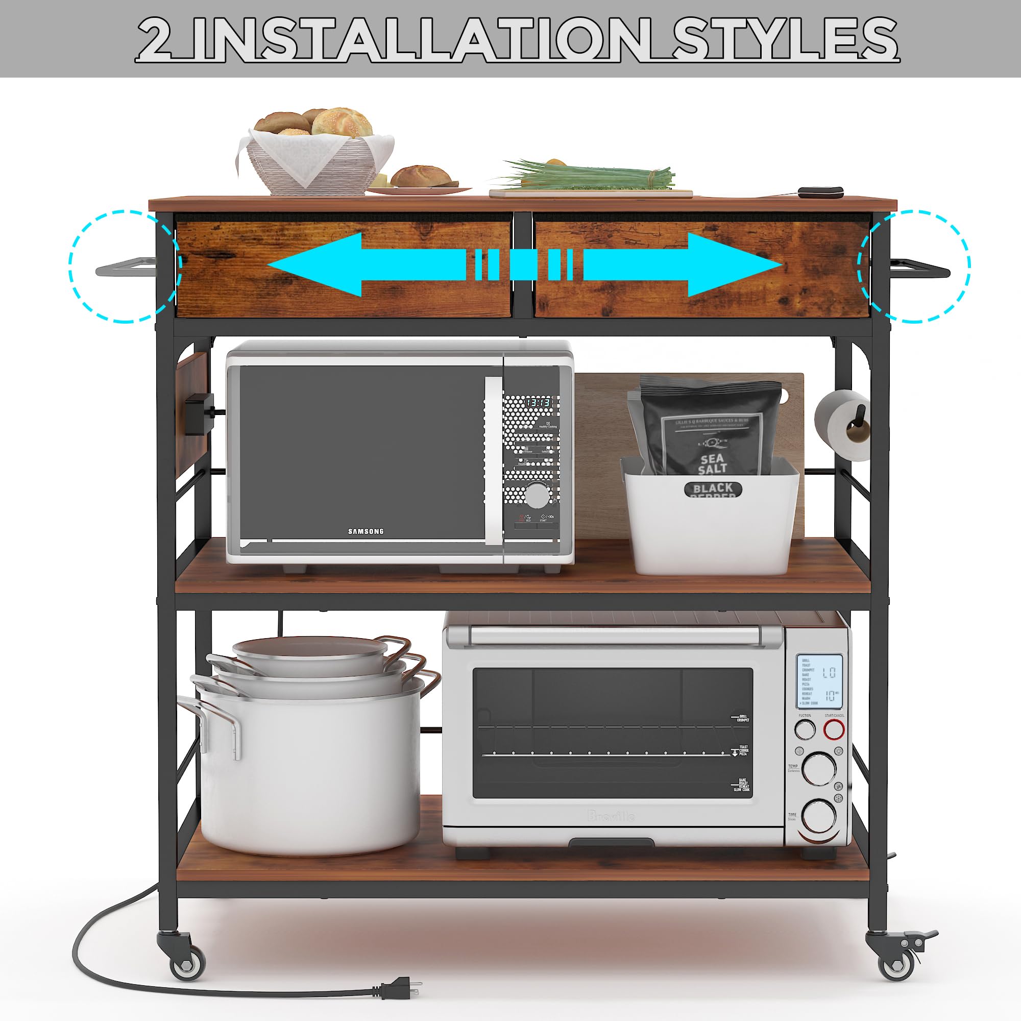 Industrial Rolling Kitchen Island Cart with Storage & Power Outlet - Mobile Kitchen Cart with Wheels for Small Spaces, Home Cooking & Food Prep Station