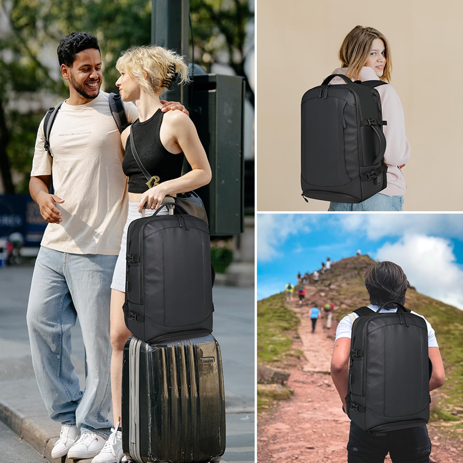 Expandable 38L Carry On Backpack for Men & Women - Waterproof Travel Backpack, Business Weekend Luggage Bag (Black) - Perfect for Air Travel, Commuting & Outdoor Adventures