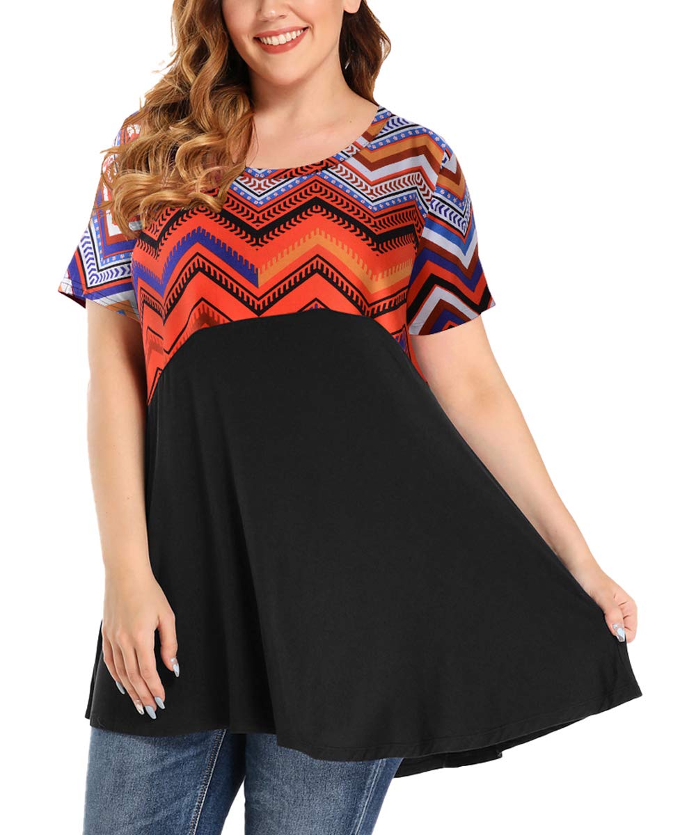 MONNURO Women's Plus Size Short Sleeve Tunic Top - Color Block Casual Loose Swing Tee for Summer | Comfortable T-Shirt to Wear with Leggings for Work, Travel & Everyday Outfits
