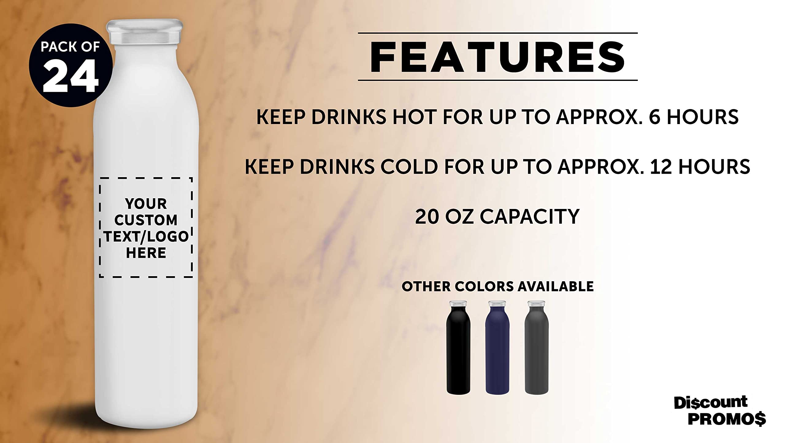 24-Pack Custom Stainless Steel Water Bottles 20oz - Personalized Double Wall Insulated Tumbler for Hot & Cold Drinks - Bulk Posh Drinkware for Office, Gym, Promotions & Gifts (White)