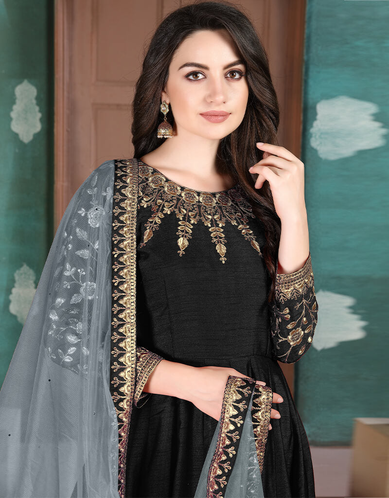 Elegant Black Silk Anarkali Dress for Women - Traditional Indian Party Wear for Weddings, Festivals & Special Occasions