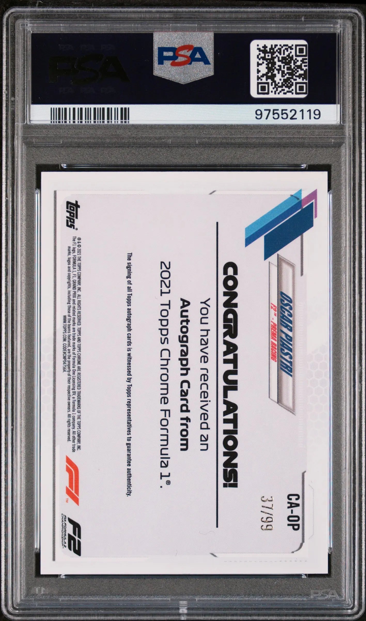 2021 Topps Chrome Formula 1 Green Refractor Auto Oscar Piastri PSA 9 37/99 - Rare F1 Racing Card for Collectors & Display