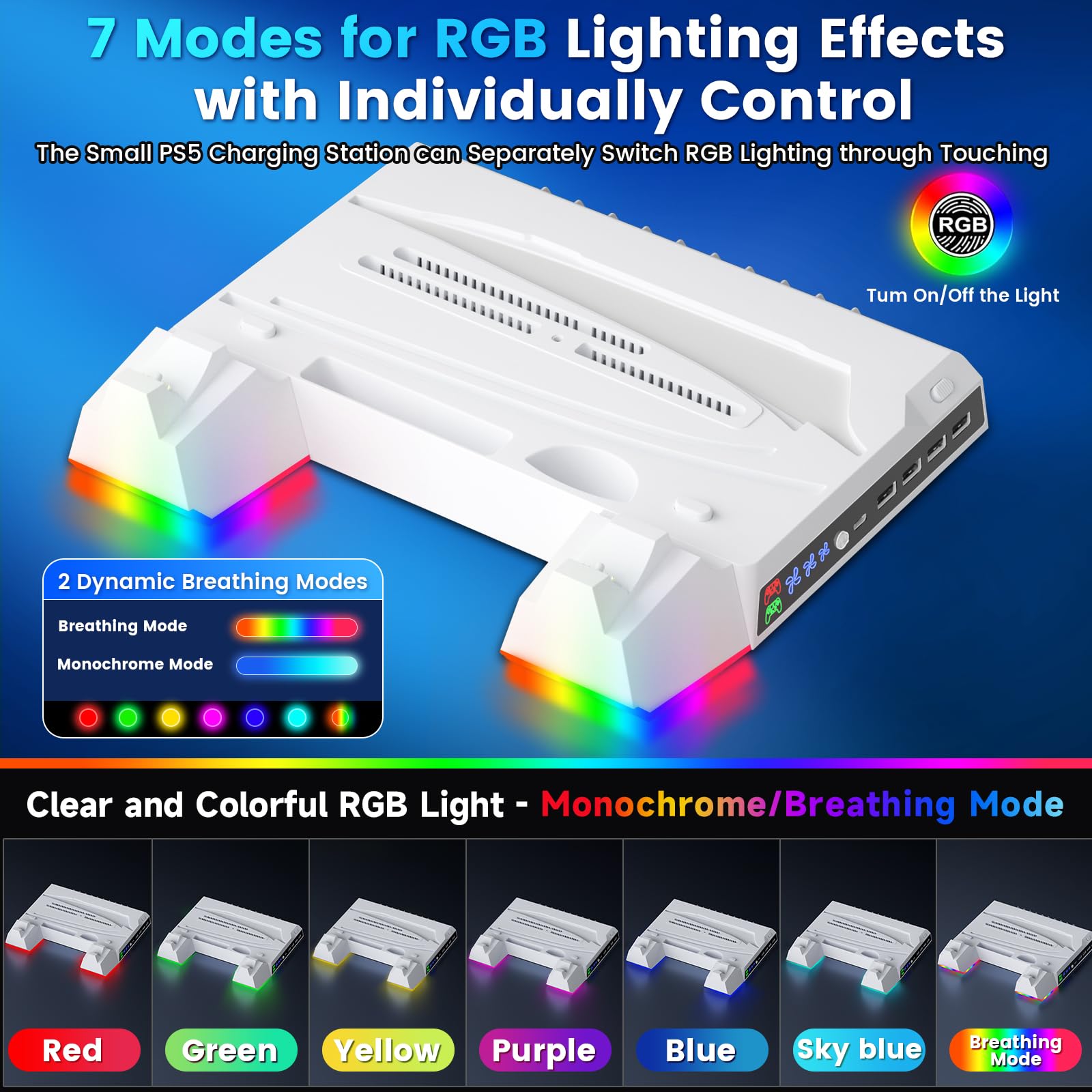 RGB Cooling Stand for PS5/PS5 Slim with LED Lights - PS5 Accessories Includes PS5 Controller Charger, Headset Holder & Vertical Stand - Fast 2-Hour Charging for PS5 Gaming Setup & Entertainment Center
