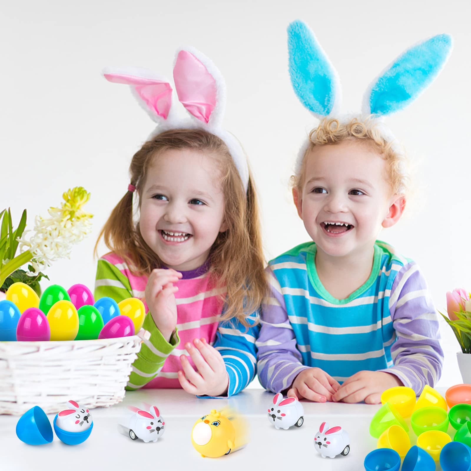 LovesTown 12 Pack Prefilled Easter Eggs with Toys - Plastic Easter Eggs with Pull Back Cars, Rabbit & Chicken - Easter Basket Stuffers & Party Favors for Kids - Perfect for Easter Egg Hunts, Birthday Parties & Classroom Rewards
