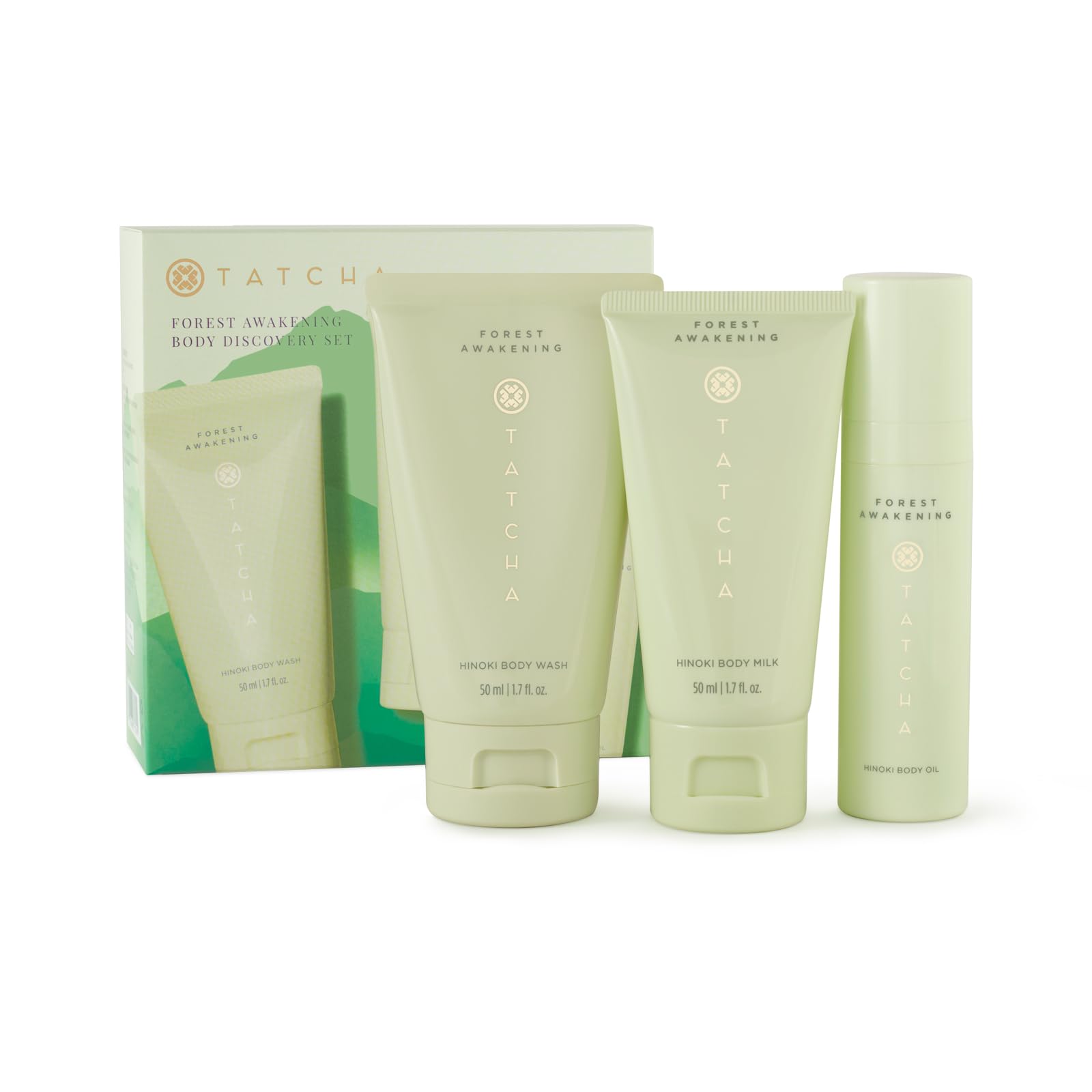 Tatcha Forest Awakening Body Discovery Set - Mini Hinoki Body Oil, Body Milk & Exfoliating Wash ($71 Value) | Hydrating Skincare Gift Set for Dry Skin, Perfect Spa Day & Self Care Routine