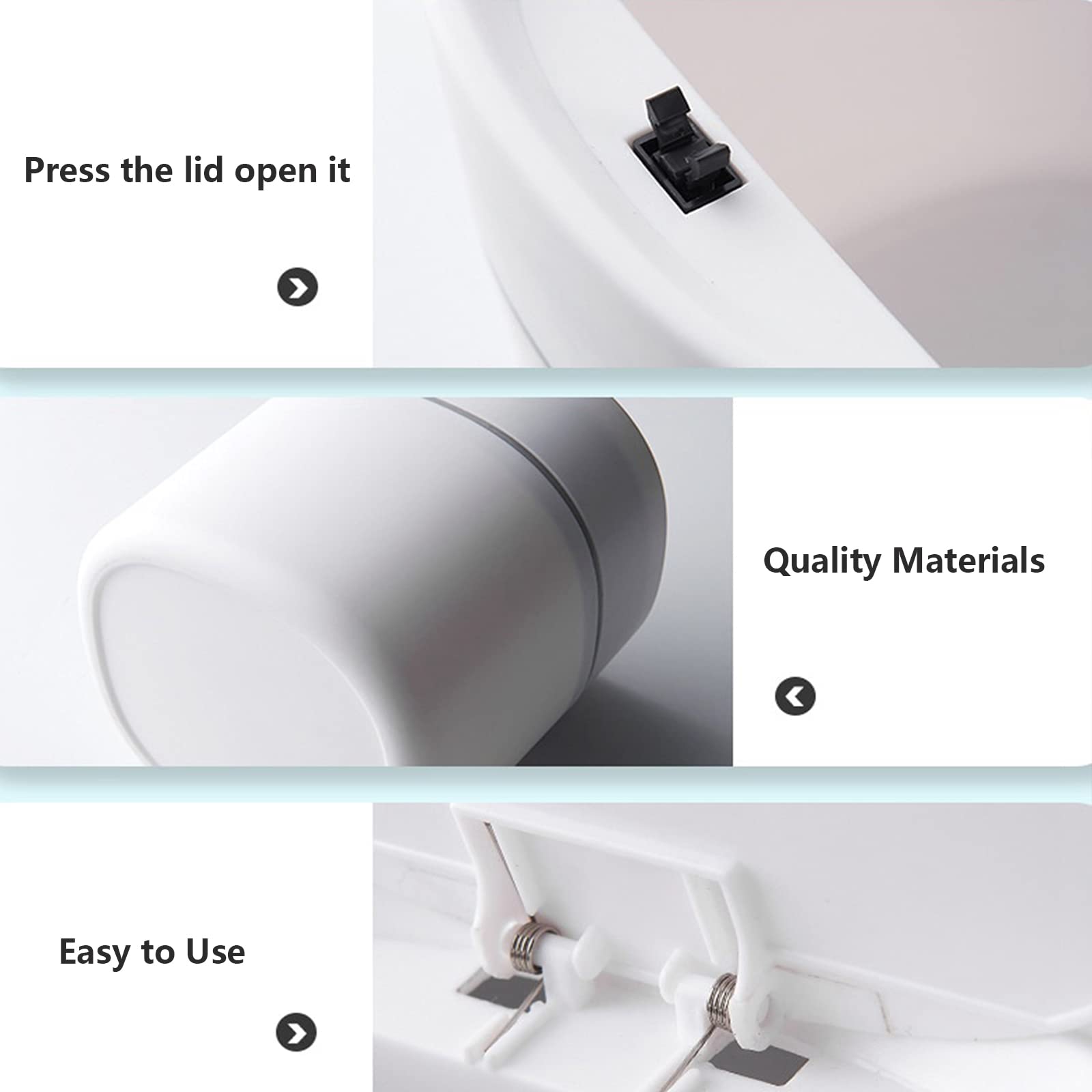 Mini Trash Can with Lid - 2L Small Waste Bin for Bathroom Vanity, Office Desk, Coffee Table - Perfect for Cotton Rounds, Makeup Sponges, Tissues (Square Press, White) | Space-Saving Home & Office Organization Solution