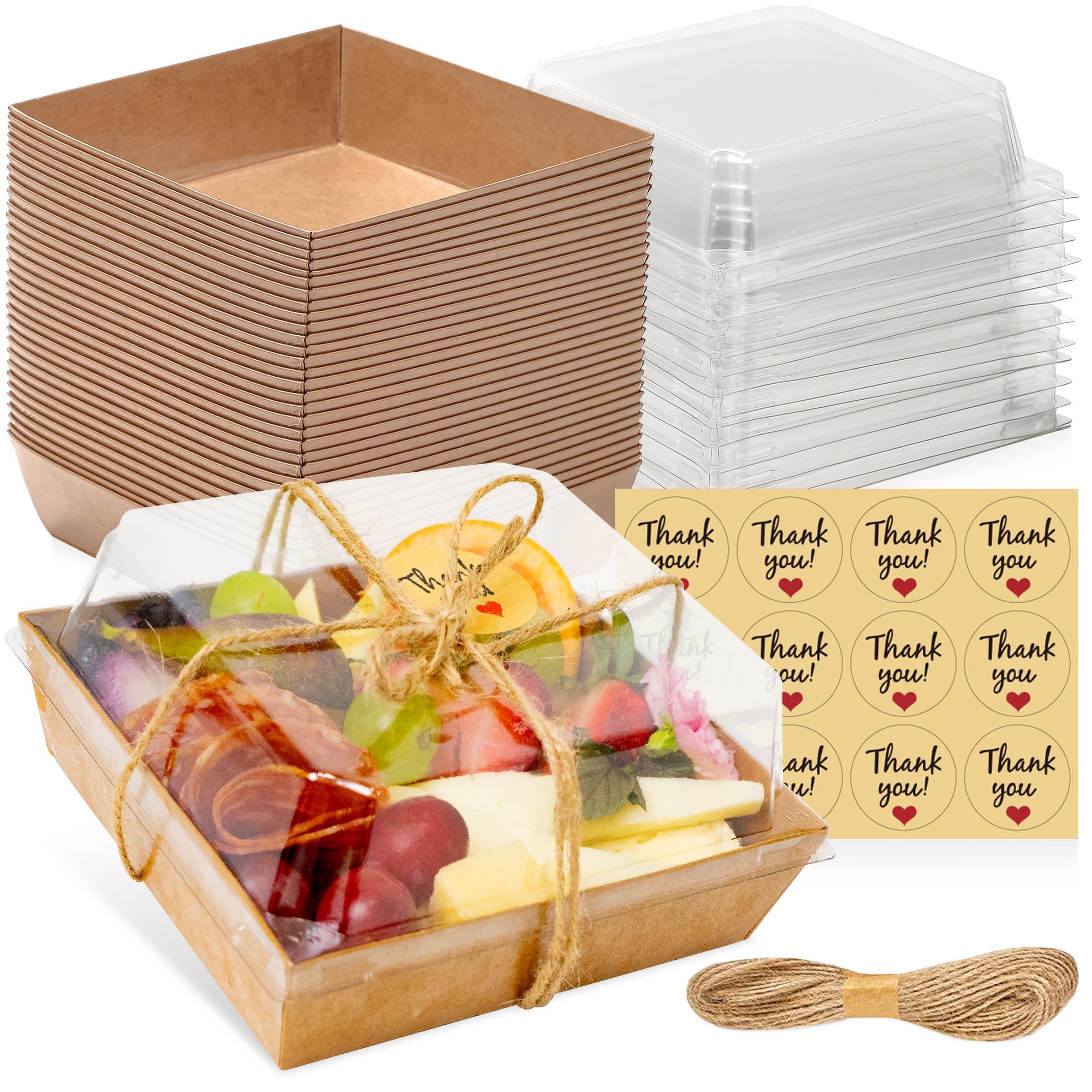50 Pack Small Disposable Charcuterie Boxes with Clear Lids - 5 Inch Eco-Friendly To-Go Food Containers for Desserts, Sandwiches, Cookies, Sushi & Cake Slices | Perfect for Parties, Picnics, Catering & Holiday Gift Packaging (Brown)