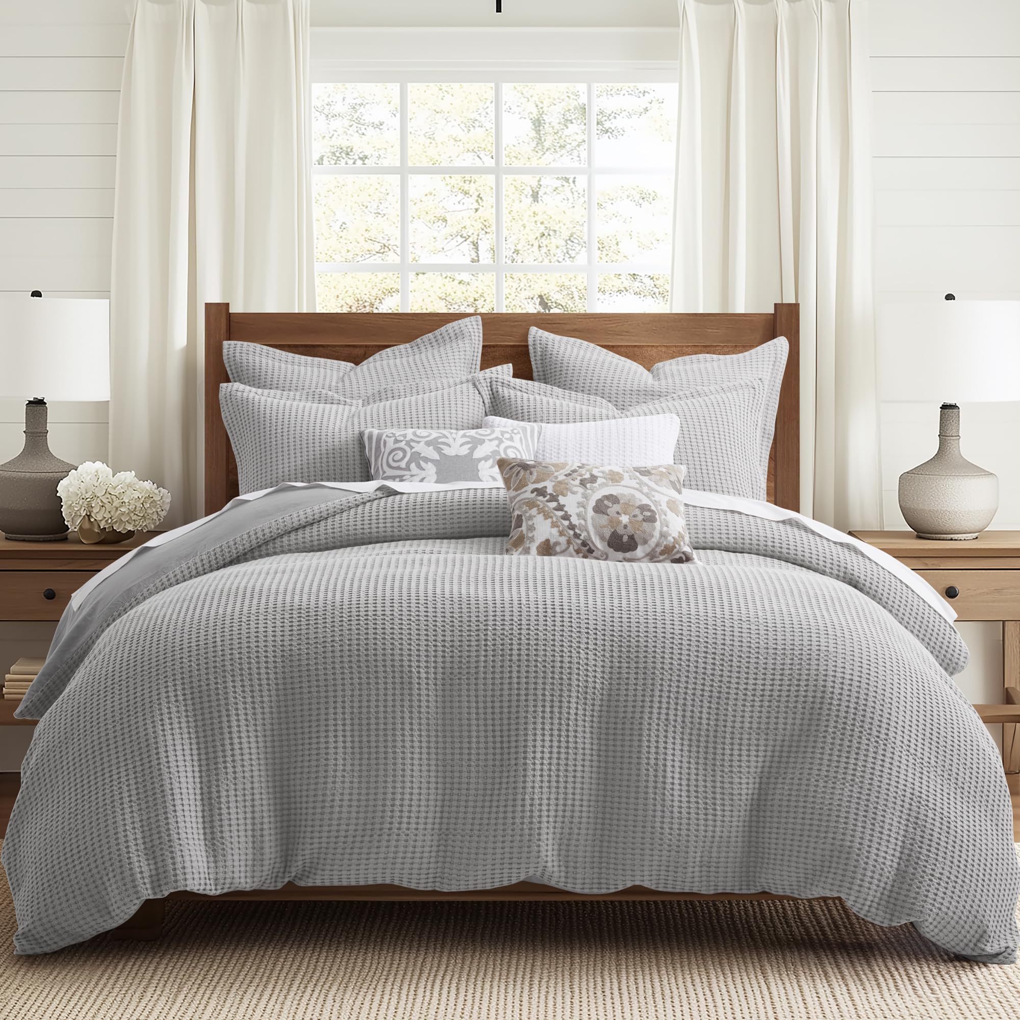Levtex Home Mills Waffle Grey Pewter Duvet Cover Set - Full/Queen Size (90