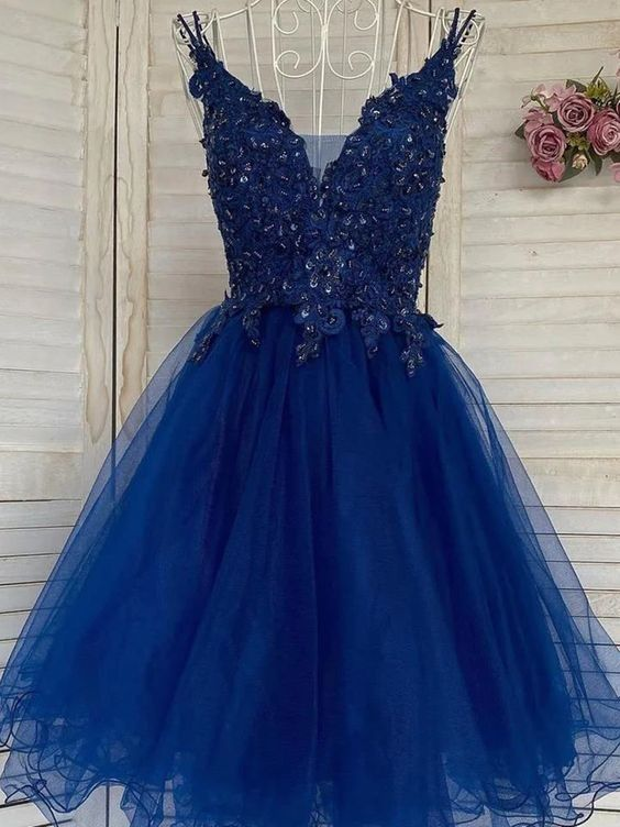 Navy Blue Lace Short Prom Dress V-Neck Tulle Cocktail Dress for Homecoming Party, Sweet 16, Evening Gala - Style J4236