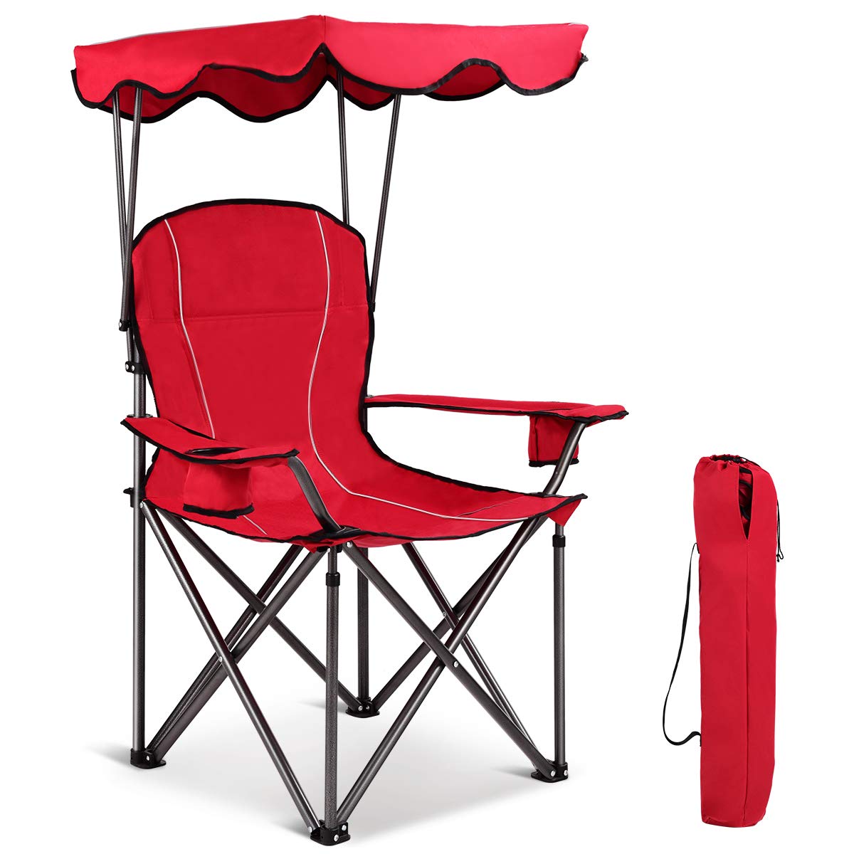 GYMAX Portable Folding Camping Chair with Canopy - Heavy Duty Outdoor Lawn Chair with Carry Bag & Cup Holder - Perfect for Camping, Beach, Picnic, Travel, Soccer Games and Backyard Relaxation