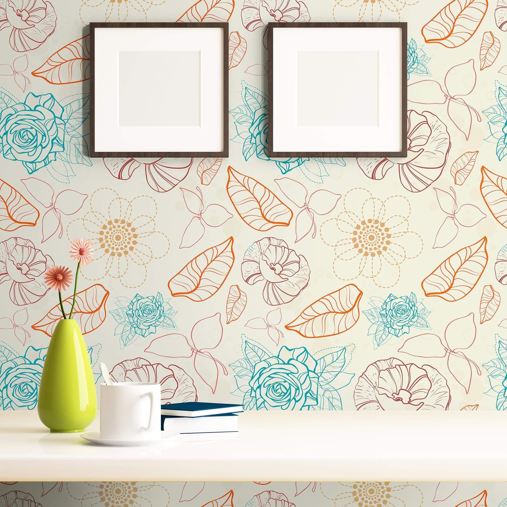 Blue and Beige Textured Floral Peel and Stick Removable Wallpaper - Self-Adhesive Decorative Wall Covering for Bedroom, Living Room, and Home Office Decor