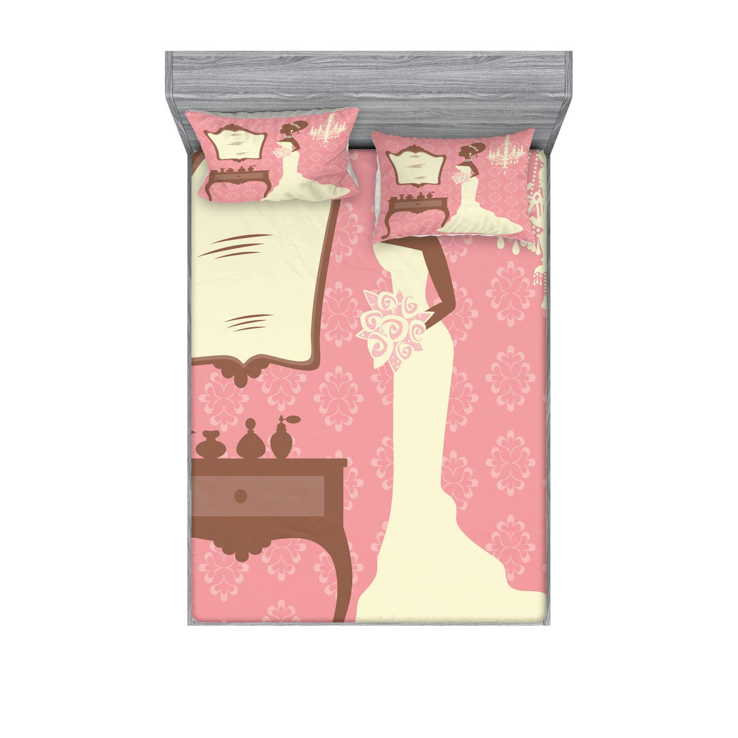 Ambesonne 3-Piece Bridal Shower Bedding Set - King Size Floral Wedding Dress Printed Fitted Sheet & Pillow Shams in Coral Brown & White | Perfect for Wedding Decor, Bridal Party Gifts & Bedroom Decoration