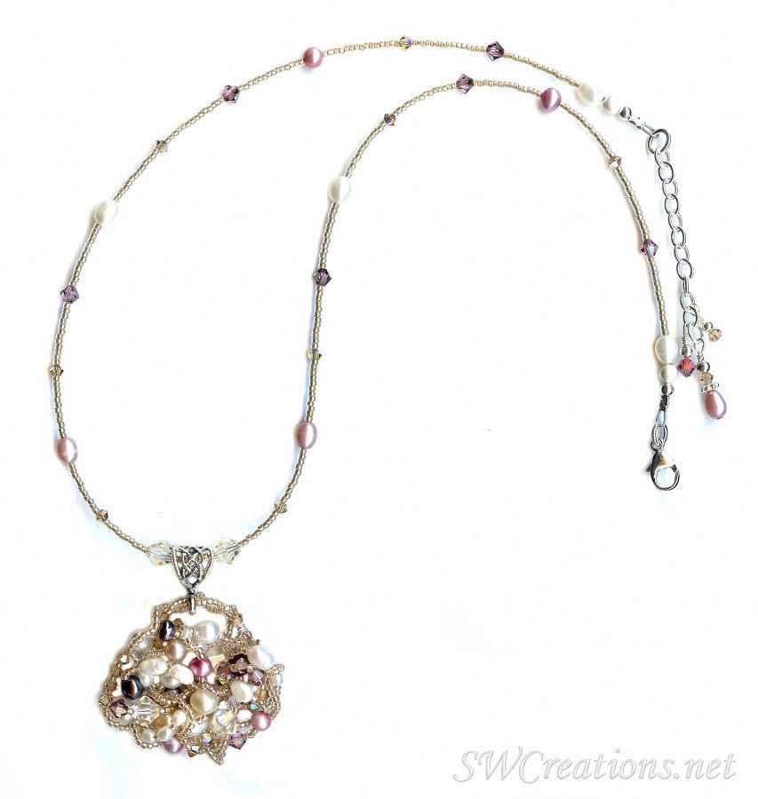 Elegant Satin Rose Topaz Pearl Crystal Bead Art Necklace for Women | Handmade Jewelry Gift for Brides, Party & Special Occasions