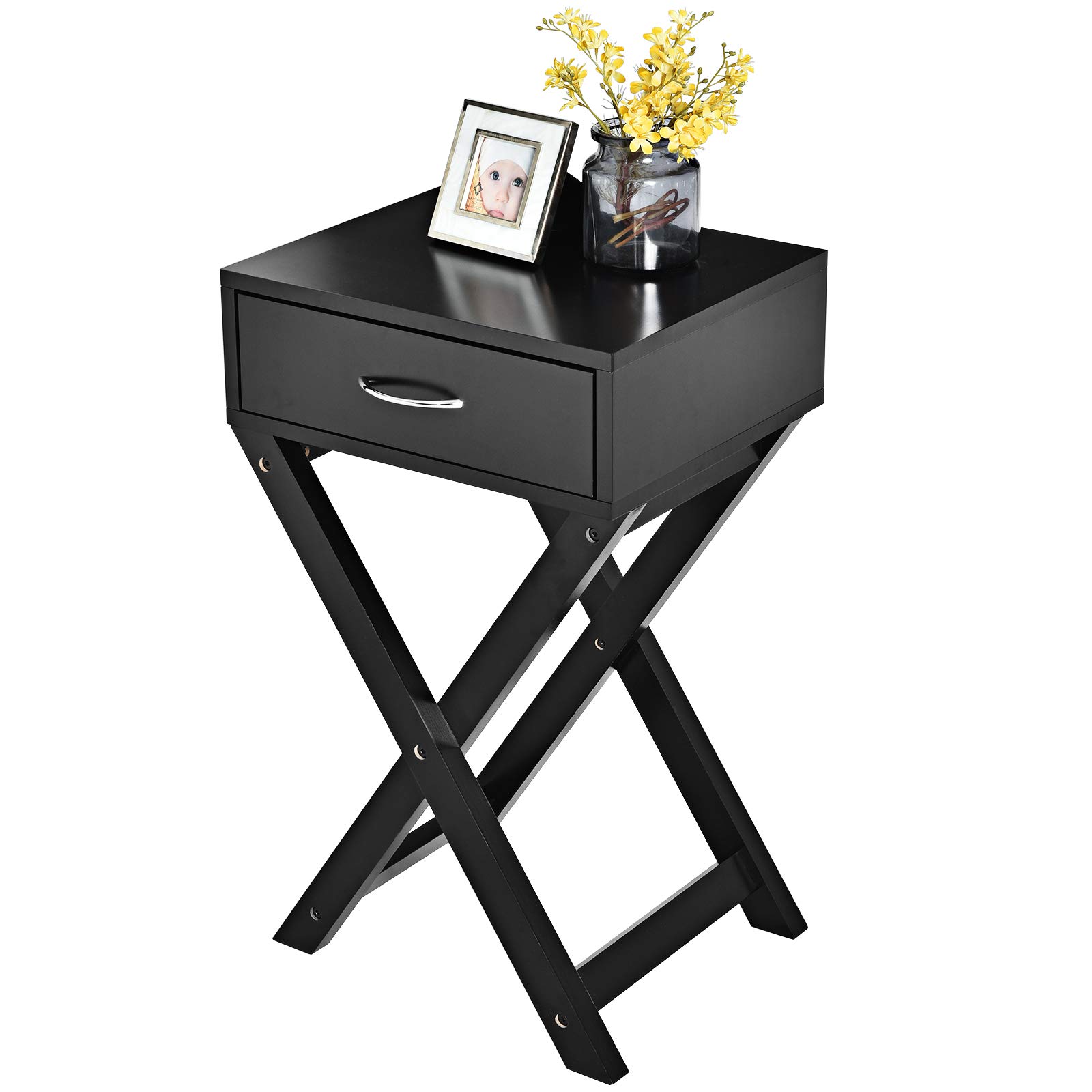 Giantex Black X-Shaped Nightstand with Drawer - Modern Accent End Table for Bedroom & Living Room - Perfect as Sofa Side Table, Nightstand or Bedside Table