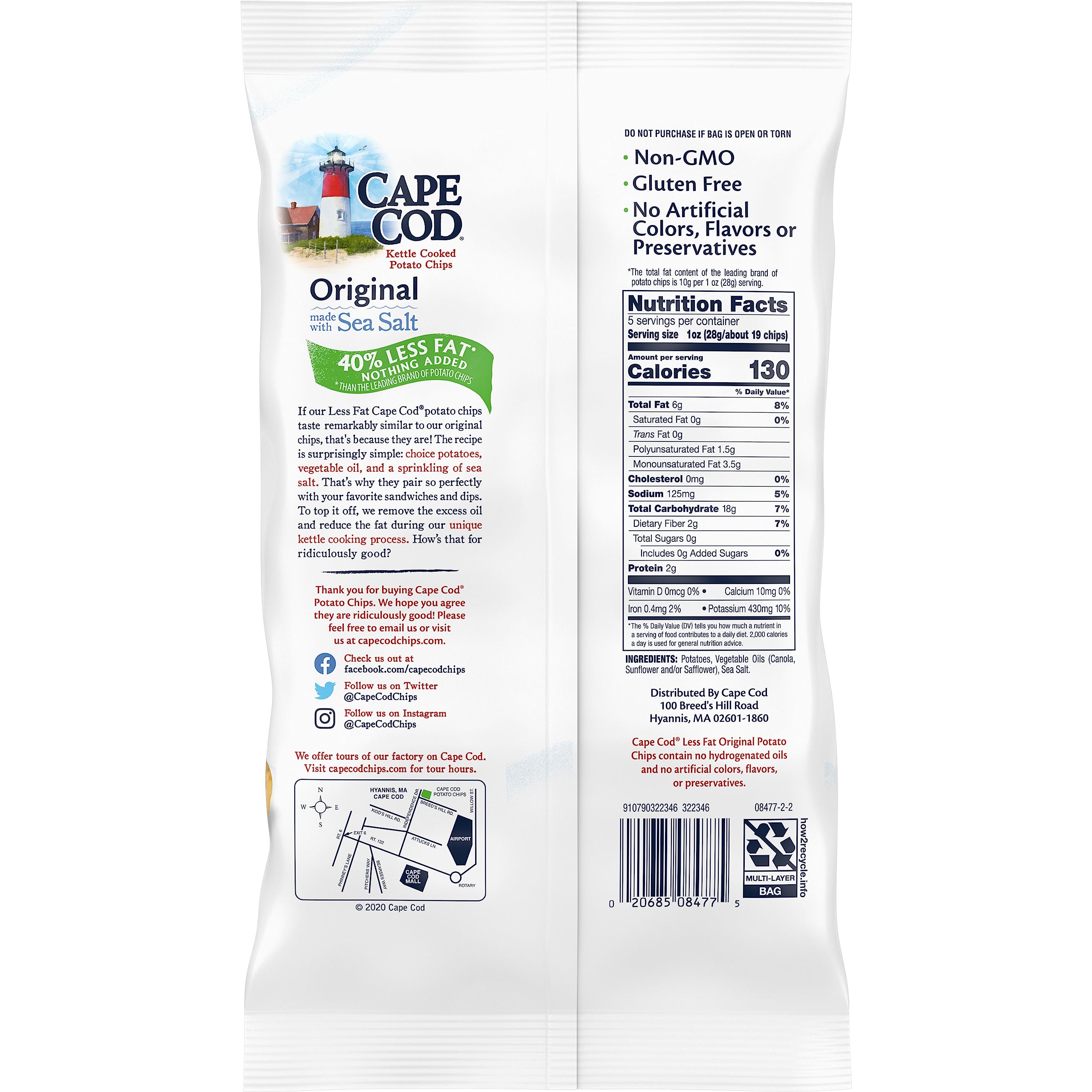 Original Kettle Cooked Cape Cod Potato Chips - Low Fat, 5 Oz (Pack of 8) | Healthy Snack for Parties, Picnics & Movie Nights