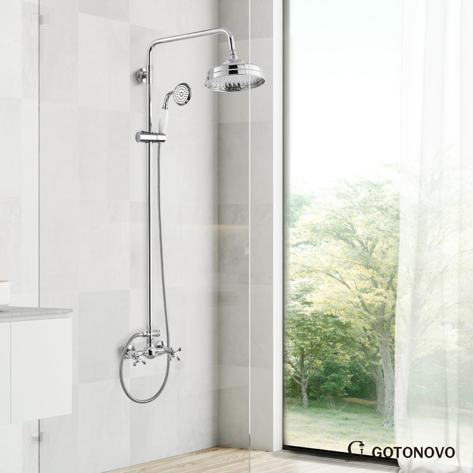 Luxury 8 Inch Wall Mount Rainfall Shower System with Handheld Spray - Polished Chrome Exposed Shower Faucet Set, Adjustable Straight Rod & Cross Double Handle for Modern Bathrooms | Perfect for Spa-Like Experience and Daily Relaxation