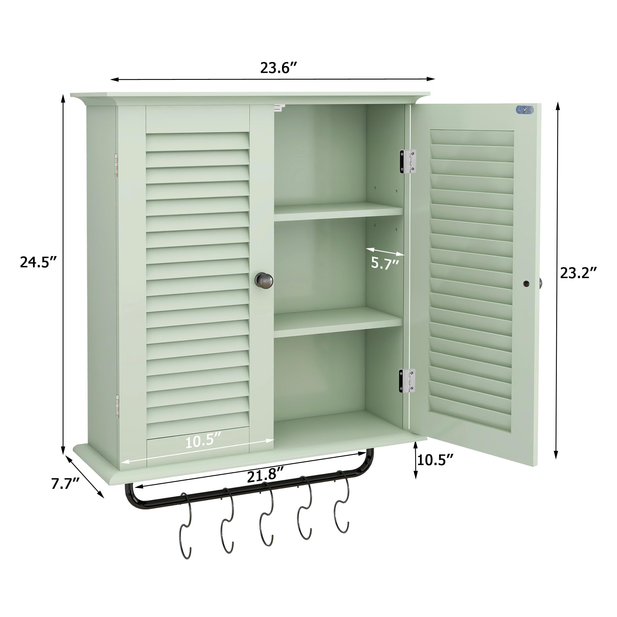 Stylish Green Wall Mounted Bathroom Cabinet with Double Shutter Doors - 3-Tier Adjustable Shelf & Towel Rack - Over The Toilet Storage for Bathroom & Laundry Organization | Perfect for Small Spaces & Modern Home Decor