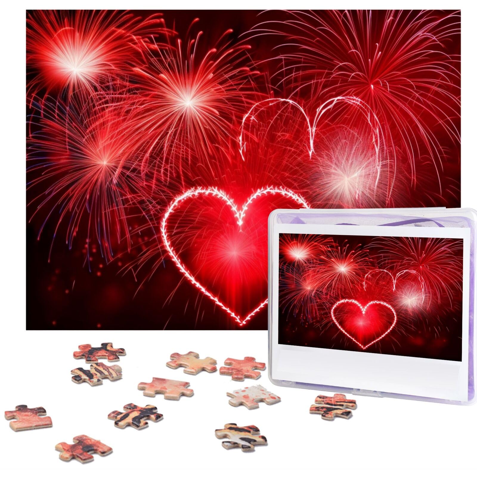 500-Piece Hearts & Fireworks Jigsaw Puzzle - Personalized Wooden Photo Puzzle for Adults - Classic Family Game for Weddings, Birthdays & Valentine's Day - 20.4