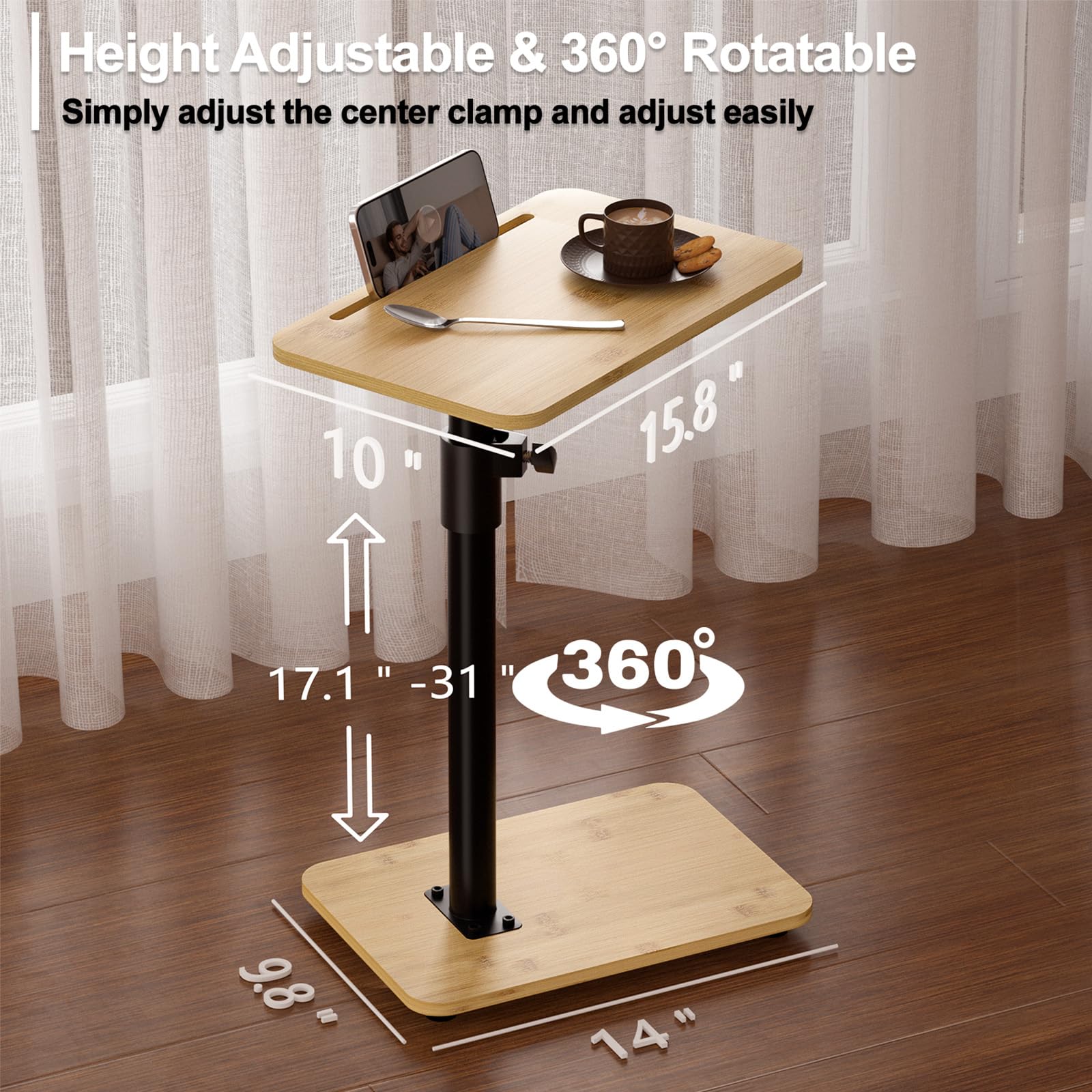 360° Swivel Adjustable Height Sofa Armrest Tray Table - Multi-Functional Side Table with Phone & Tablet Slots for Bed, Chair, or Small Spaces - Perfect for Watching TV, Working, or Dining in Bed
