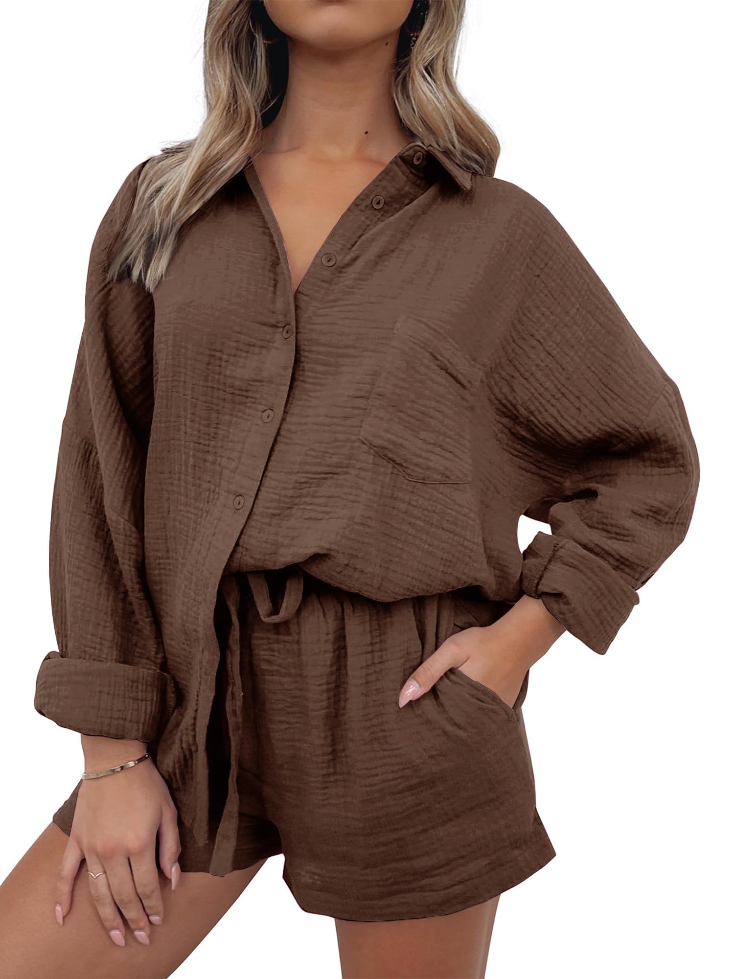ANRABESS Women's 2-Piece Linen Outfit Set - Long Sleeve Button Down Oversized Shirt with Lounge Shorts | Casual Summer Matching Set for Beach, Vacation & Everyday Wear