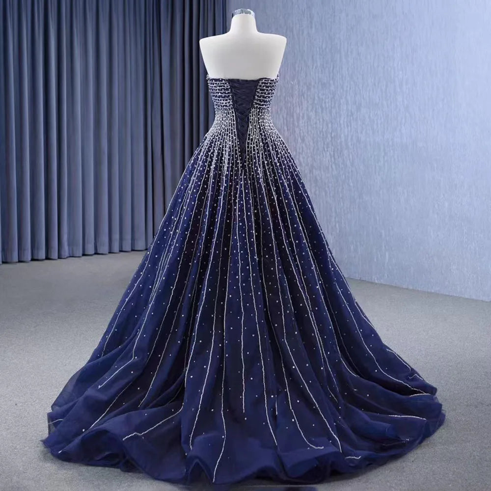 Luxury Navy Blue Strapless Crystal Beaded Wedding Dress with Pearls & Lace Up - Custom Made Bridal Gown HM23102 | Perfect for Beach Weddings, Evening Galas & Formal Occasions
