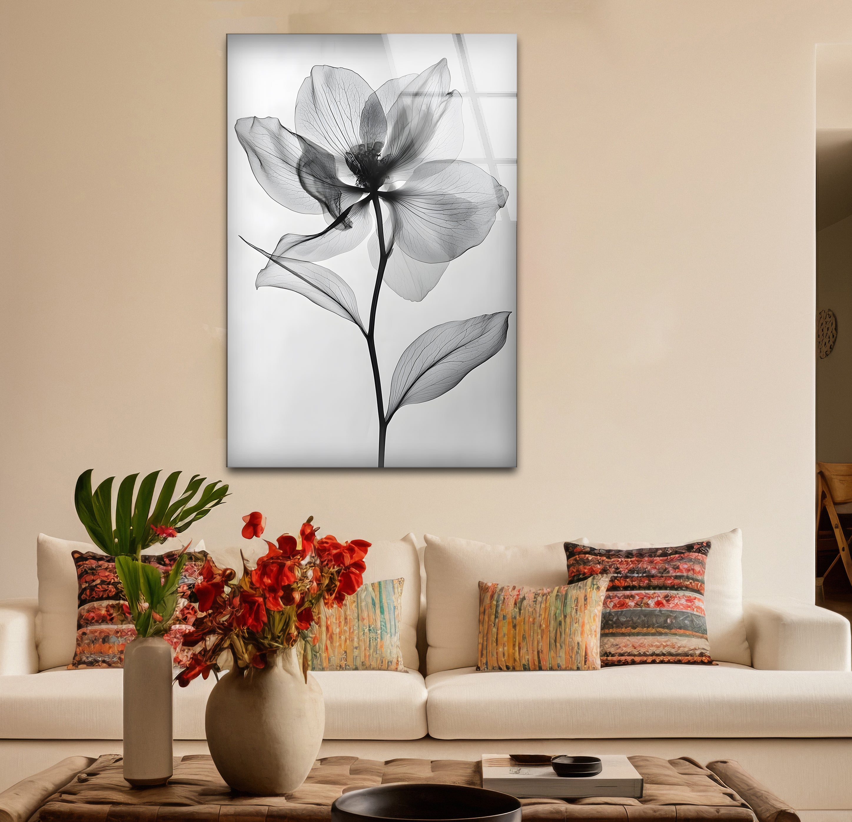 Black and White Flower Glass Wall Art - Elegant Home Decor for Living Room, Bedroom & Office