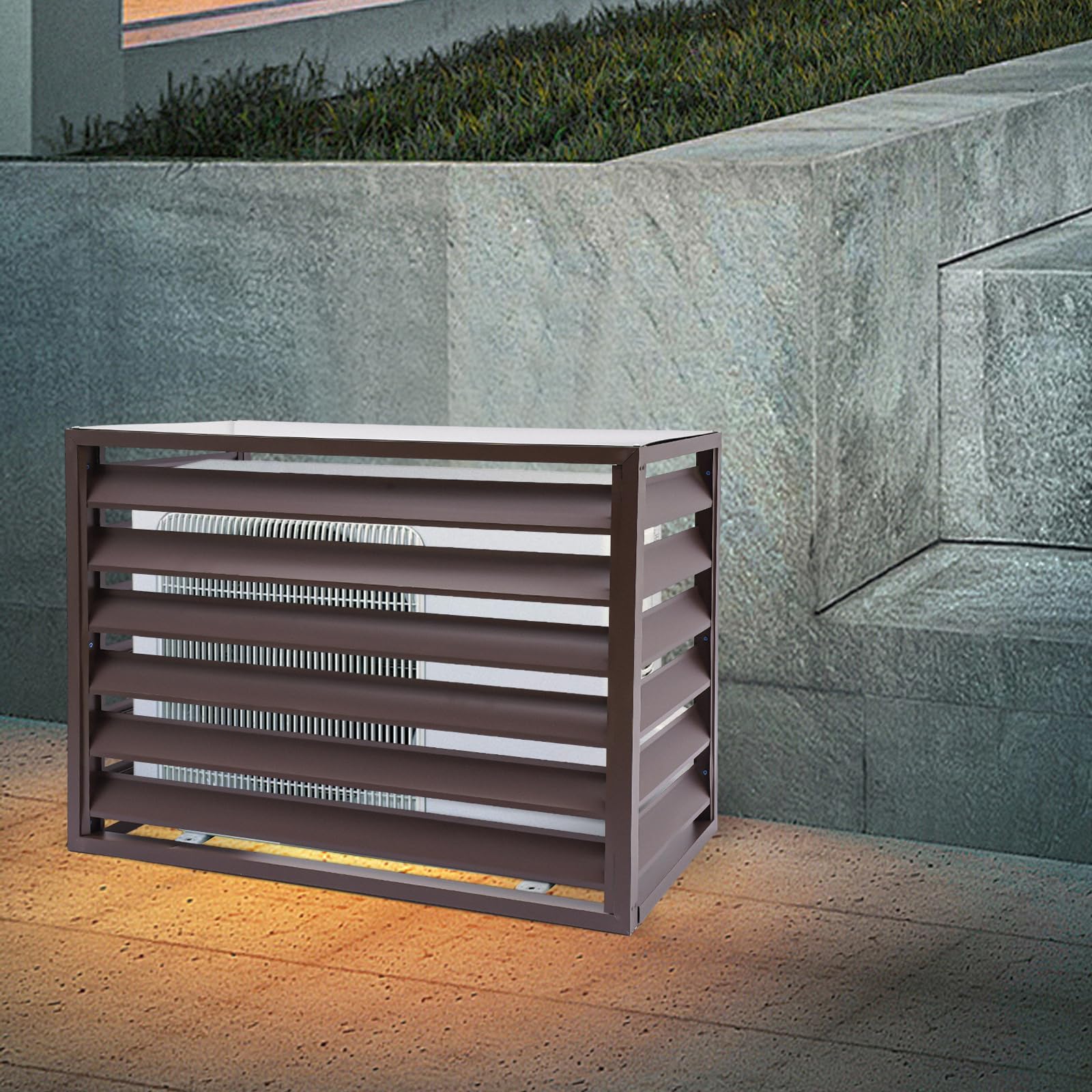 Outdoor Air Conditioner Privacy Fence Cover - Durable Metal AC Unit Fence with Louvered Design for Yard, Patio & Backyard | Space Divider & Equipment Protection (Coffee Color)