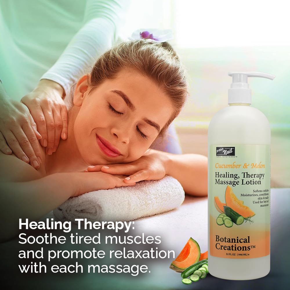 PRO NAIL - Cucumber Melon Healing Therapy Massage Lotion (32 Oz) - Professional Pedicure & Manicure Oil with Natural Oils, Vitamins & Amino Acids - Ideal for Spa, Salon & At-Home Nail Care Treatments