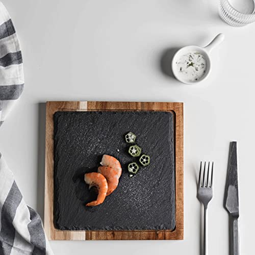 Premium Acacia Wood Steak Serving Board with Natural Slate Plate - Reversible Multi-Purpose Charcuterie Tray for Dinner Parties, BBQ, Restaurants & Family Gatherings - Perfect for Serving Steak, Bread, Cheese & Appetizers