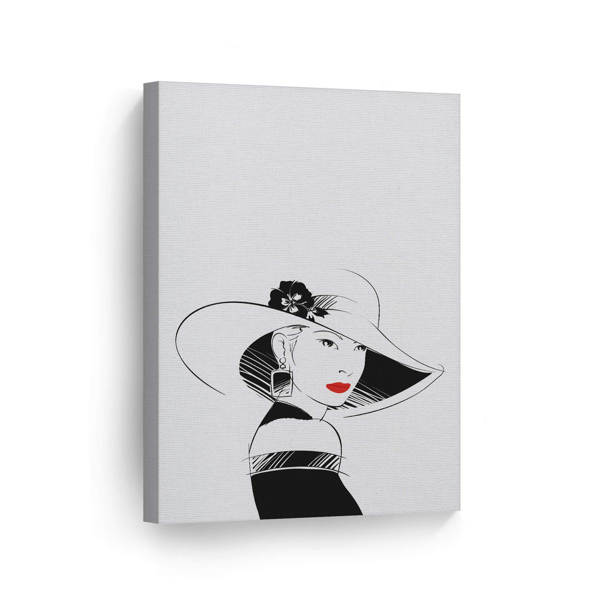 Black and White Glam Fashion Canvas Print - Woman with Hat & Red Lips Wall Art for Office, Bathroom, Teen Girls Room, Women Dorm, Bedroom & Living Room Decor - Ready to Hang 36x24 - Perfect for Modern Home & Office Aesthetic
