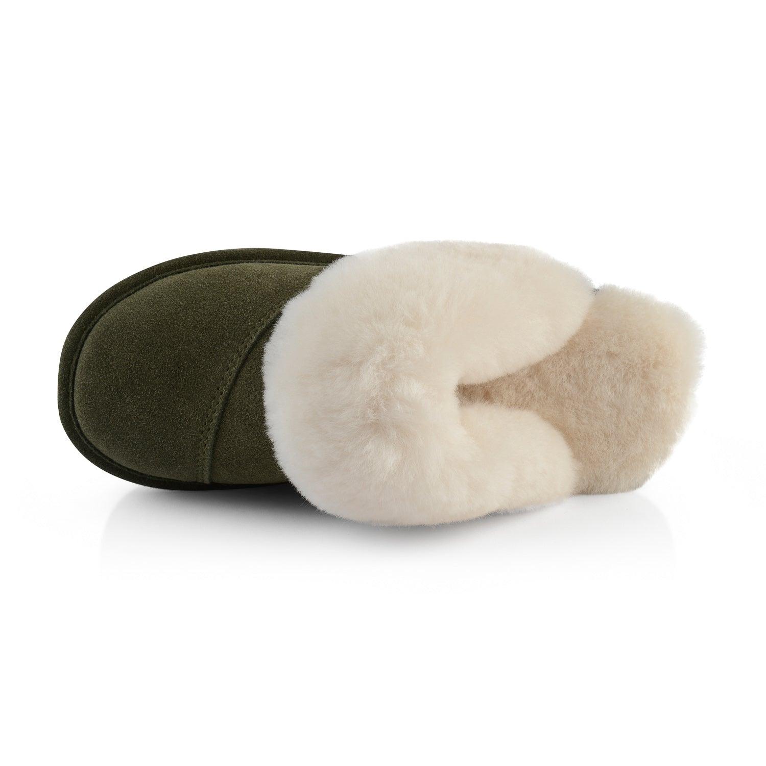 Joy Women's Fuzzy House Slippers - Soft Indoor/Outdoor Slides with Memory Foam, Military Green - Cozy Comfort for Home, Lounge & Backyard Relaxation