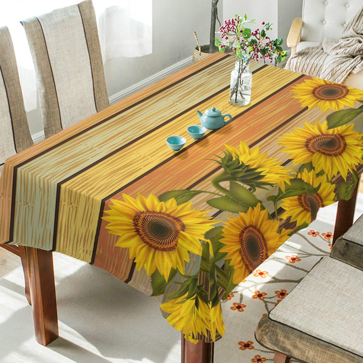 Sunflower Printed Tablecloth - Waterproof Wooden Table Cover for Dining Room & Kitchen Decor - Perfect for Parties, Picnics, and Everyday Use