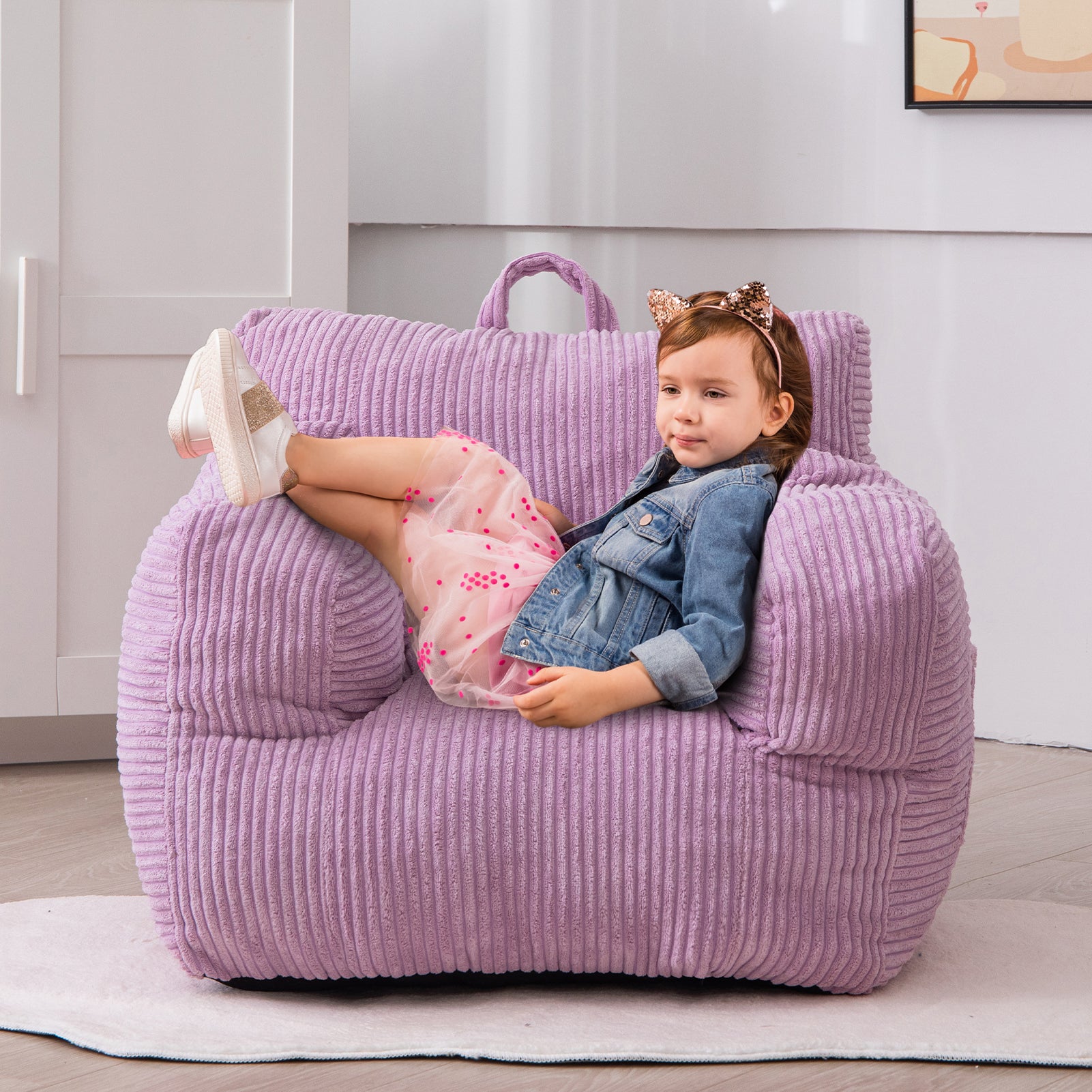 MAXYOYO Kids Bean Bag Chair - Soft Corduroy Bean Bag Couch with Armrests for Children's Room, Playroom & Bedroom - Comfortable Seating for Reading, Gaming & Relaxing (Purple)