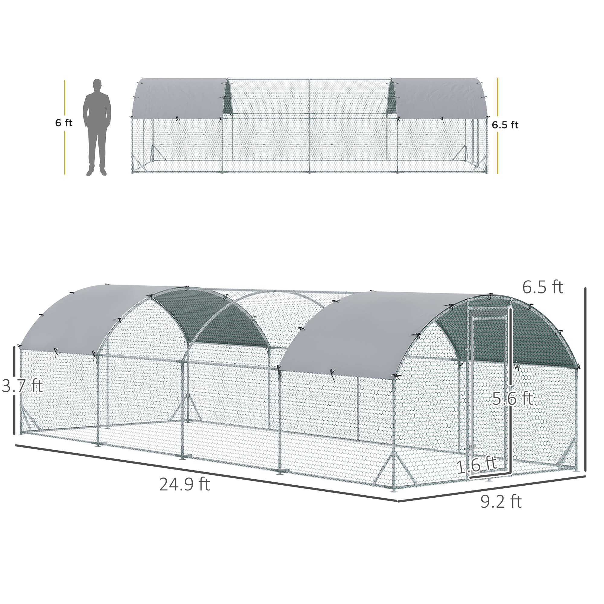PawHut Large Chicken Coop with Metal Run - Waterproof & UV-Resistant Cover, Walk-In Dome Cage for Hens (9.2' x 24.9' x 6.5') | Outdoor Poultry House for Backyard Farms, Chicken Shelter & Egg Protection