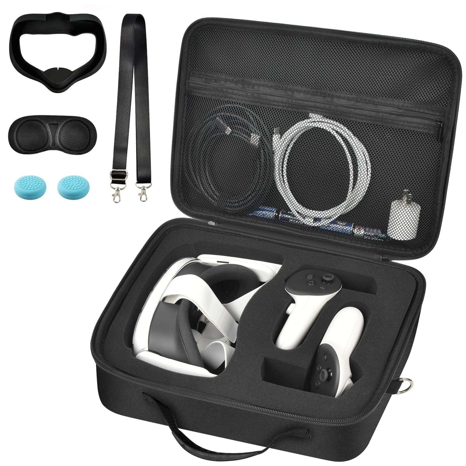 Meta Quest 3/3S & Oculus Quest 2 VR Headset Travel Case - Protective Hard Carrying Storage Bag with Silicone Face Cover, Lens Protector & Accessories for All-in-One VR Gaming System (Black) - Perfect for Travel, Home Storage & VR Gaming Protection