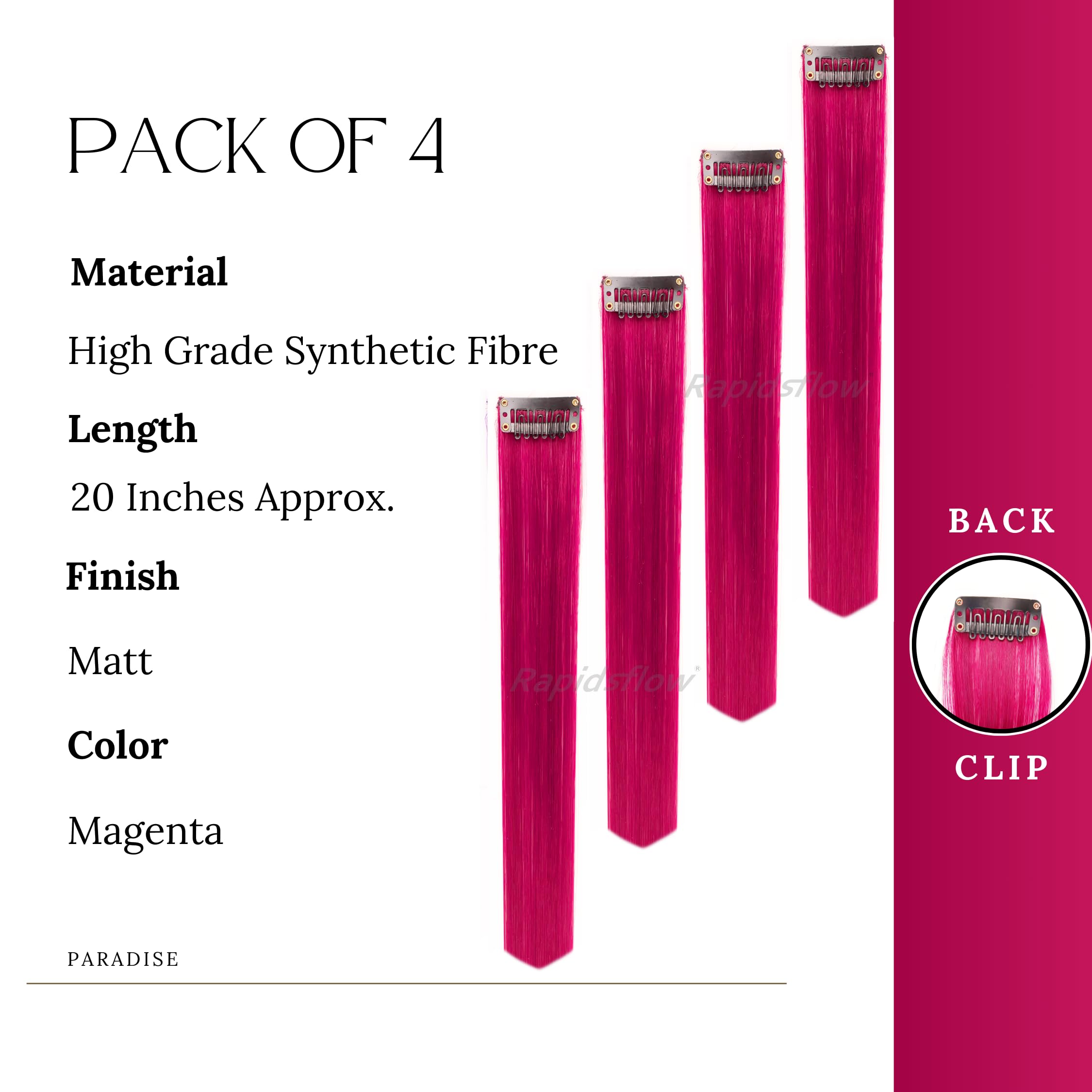 Paradise® Magenta Clip-in Hair Extensions 22 Inches - 4 Pack Straight Synthetic Hair Wefts for Women & Girls | Vibrant Colored Hair Streaks for Cosplay, Parties & Fashion Styling