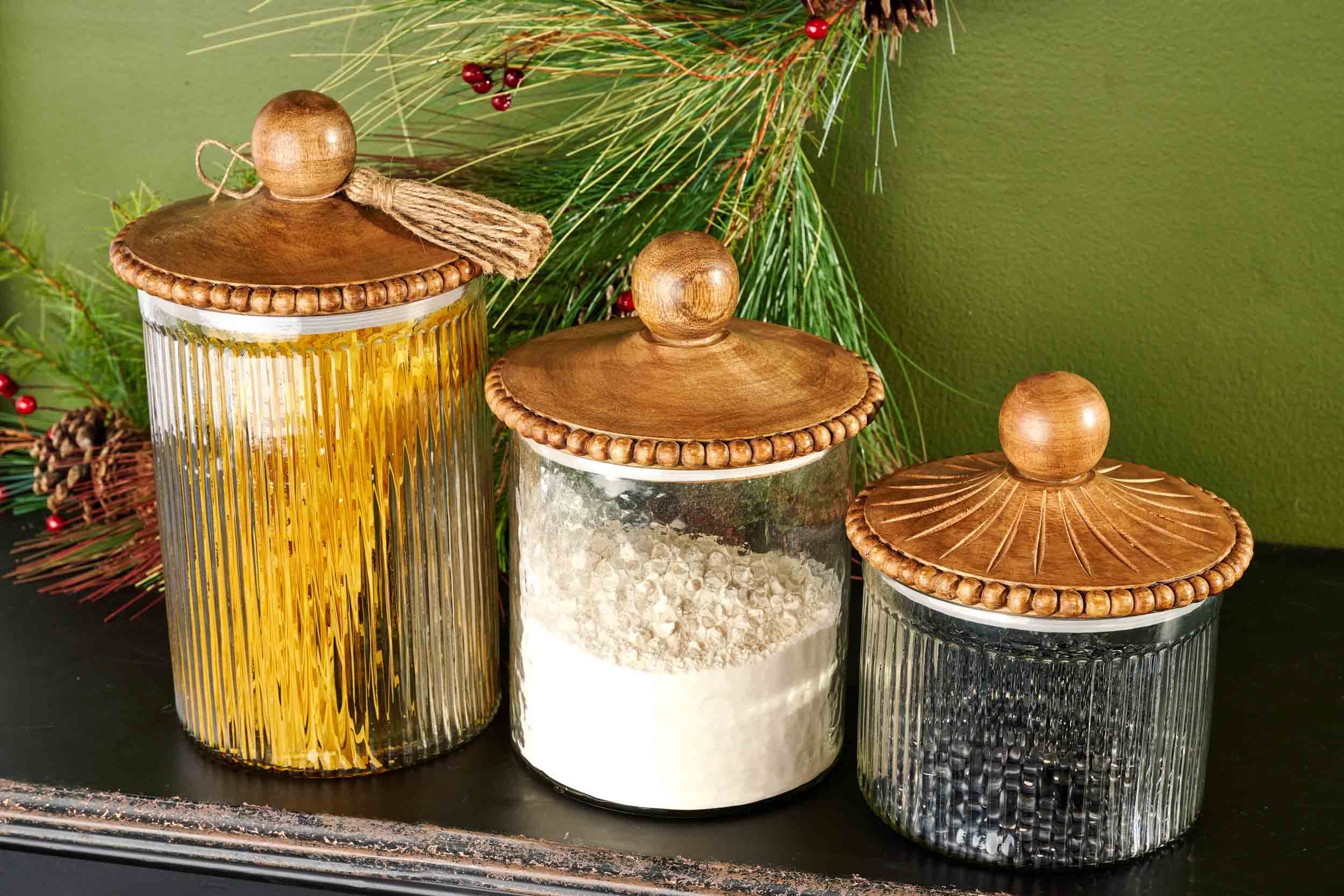 Elegant Mud Pie Glass & Brown Beaded Canister Set - 3 Piece Kitchen Storage Containers for Sugar, Flour & Coffee | Perfect for Pantry Organization & Farmhouse Decor