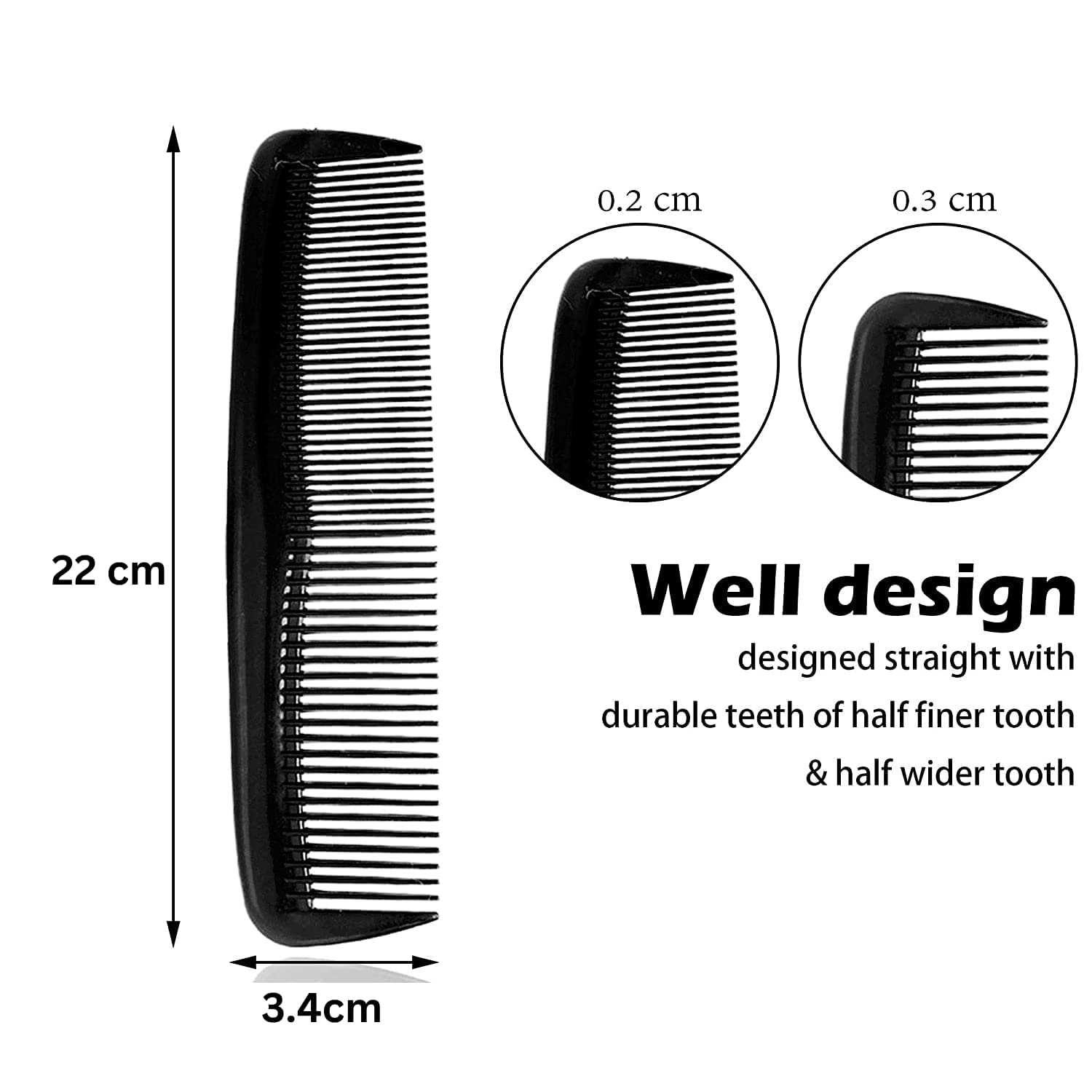 TASU 9 Inch Black Hair Comb - Pack of 4 Fine Plastic Combs for Women & Men - Styling Comb for Salon, Home & Travel (Black)