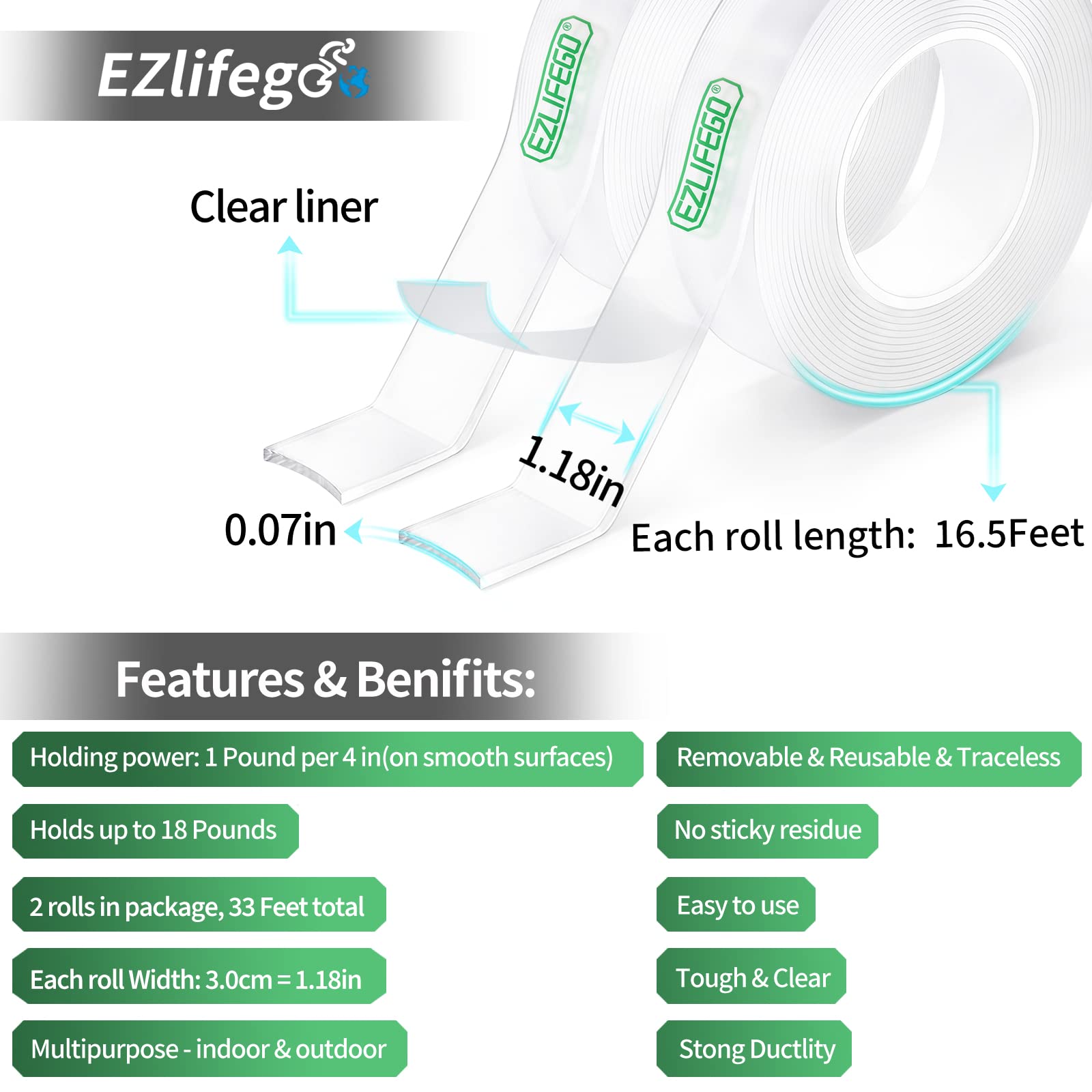 Extra Strong Double Sided Tape - 2 Pack (396 Inch Total) Heavy Duty Clear Mounting Adhesive for Walls | Removable Nano Picture Hanging Strips & Poster Tape | Perfect for Home Decor, Photo Frames, Wall Art & Office Organization