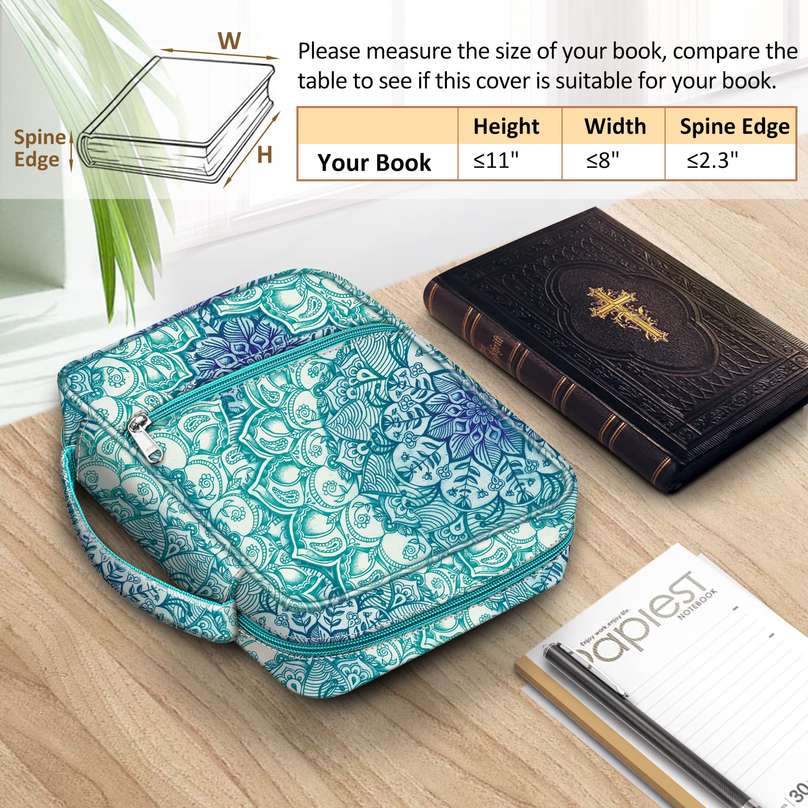 FINPAC Bible Cover with Handle & Zipper Pocket - Durable Protective Book Case for Church, Travel & Daily Use - Perfect Gift for Women, Men & Mothers - Emerald Green Design for Scripture Protection