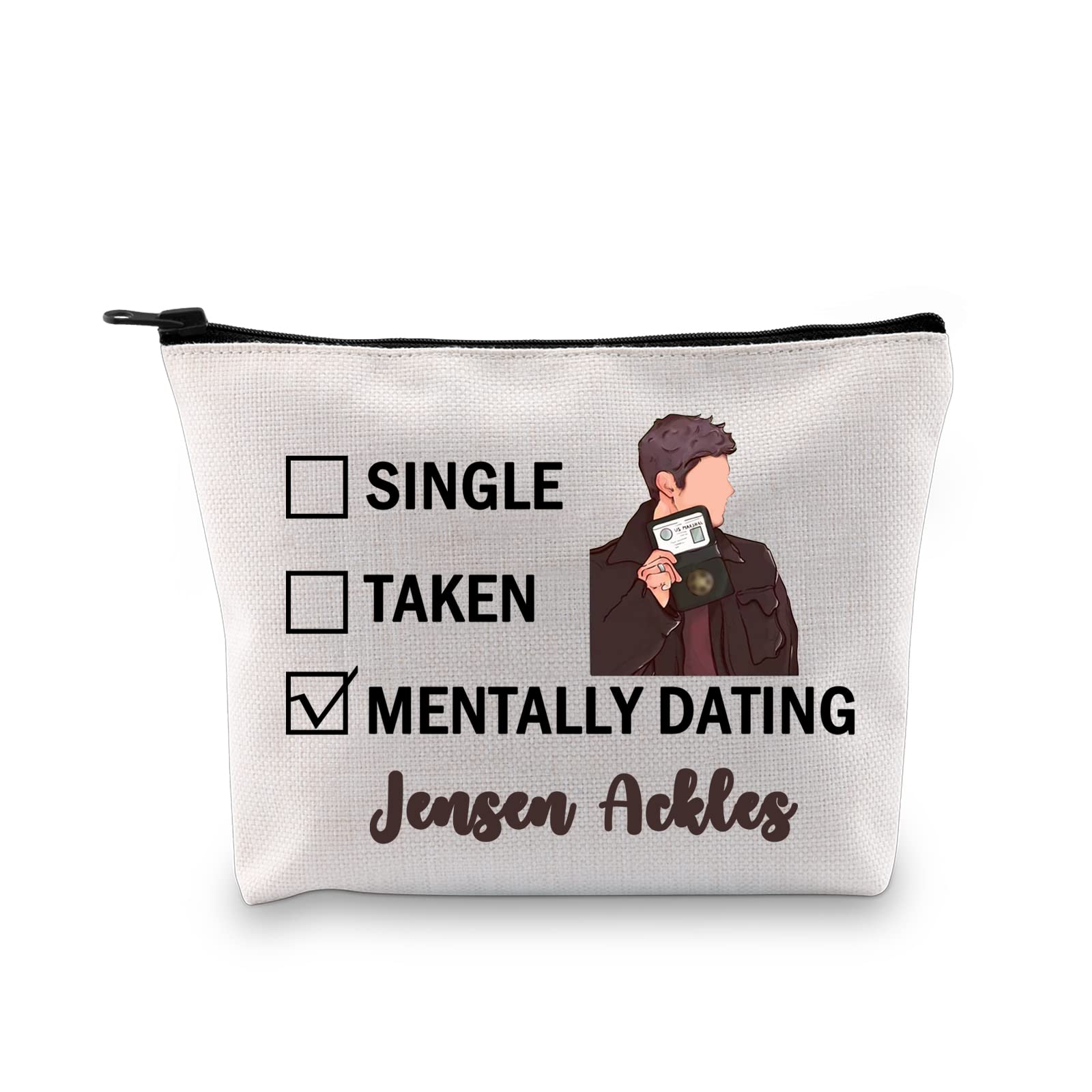 Jensen Ackles Inspired Makeup Bag - Dean Winchester Fan Cosmetic Pouch | Supernatural Merchandise & Gift for Women | Travel, Cosmetics Storage & Fan Collection (White)