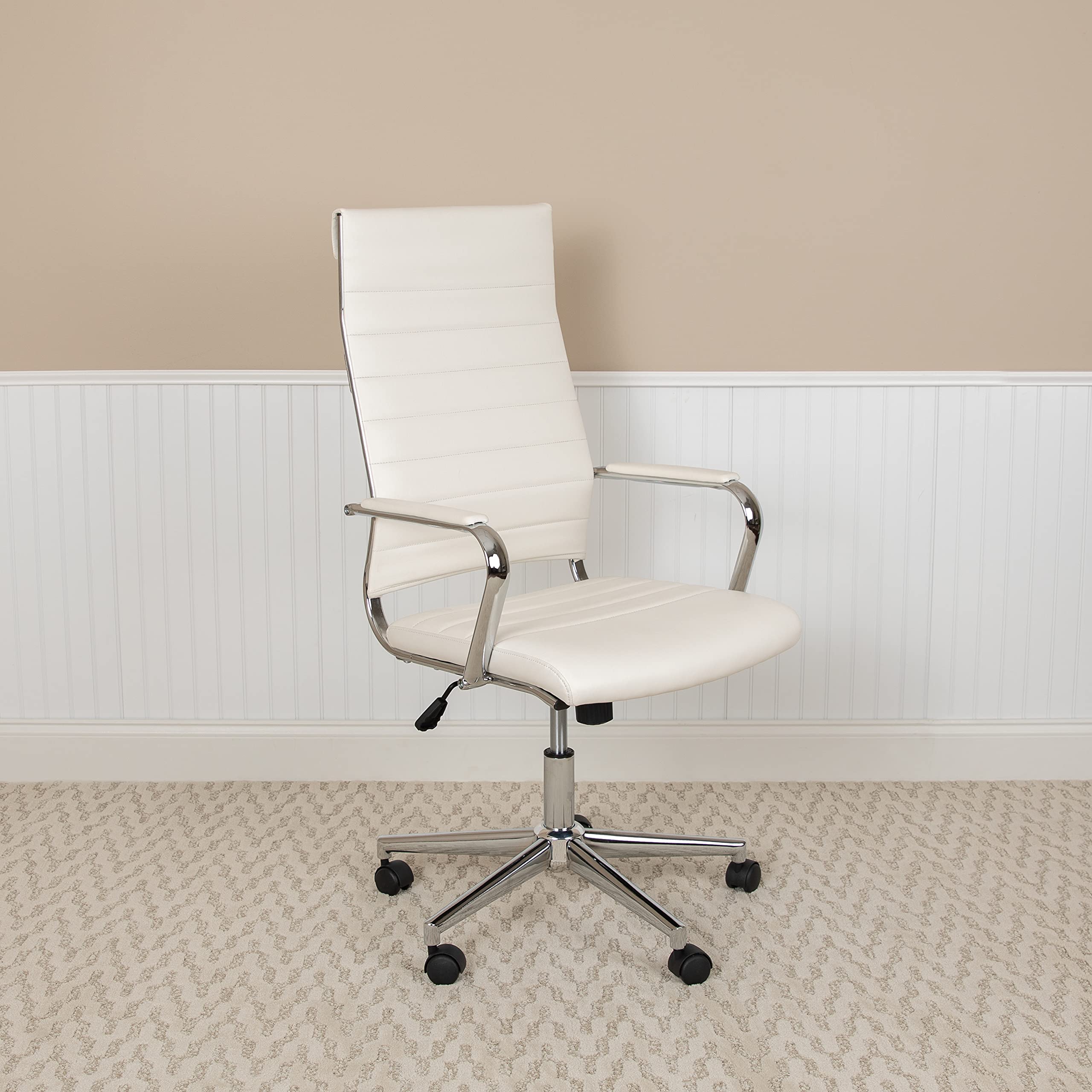 EMMA + OLIVER High Back White LeatherSoft Ribbed Executive Swivel Office Chair - Ergonomic Desk Chair for Home & Office Workspace - Perfect for Long Hours of Computer Work, Video Conferencing, and Professional Meetings