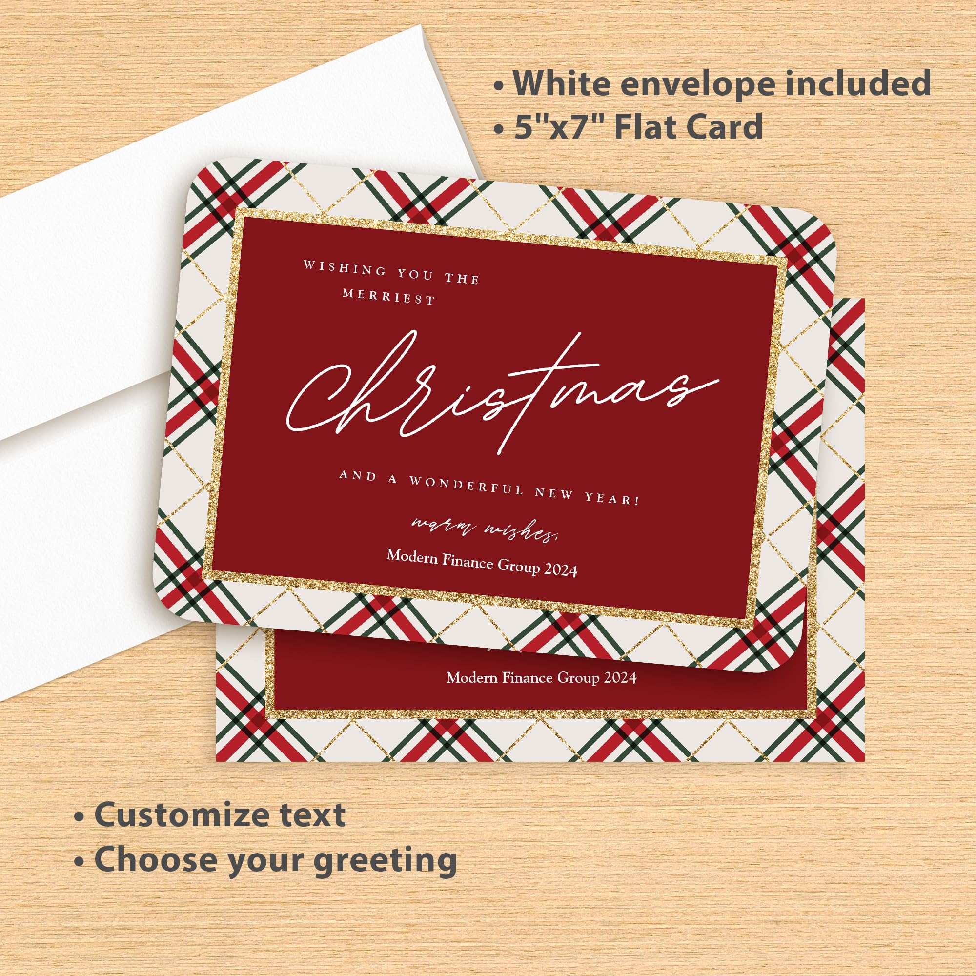 Premium Personalized Business Christmas Cards with Envelopes - 5x7 Rustic Tartan Holiday Cards (100 Count) - 2024 Holiday Greetings for Clients & Employees - Perfect for Corporate Gifting & Seasonal Branding