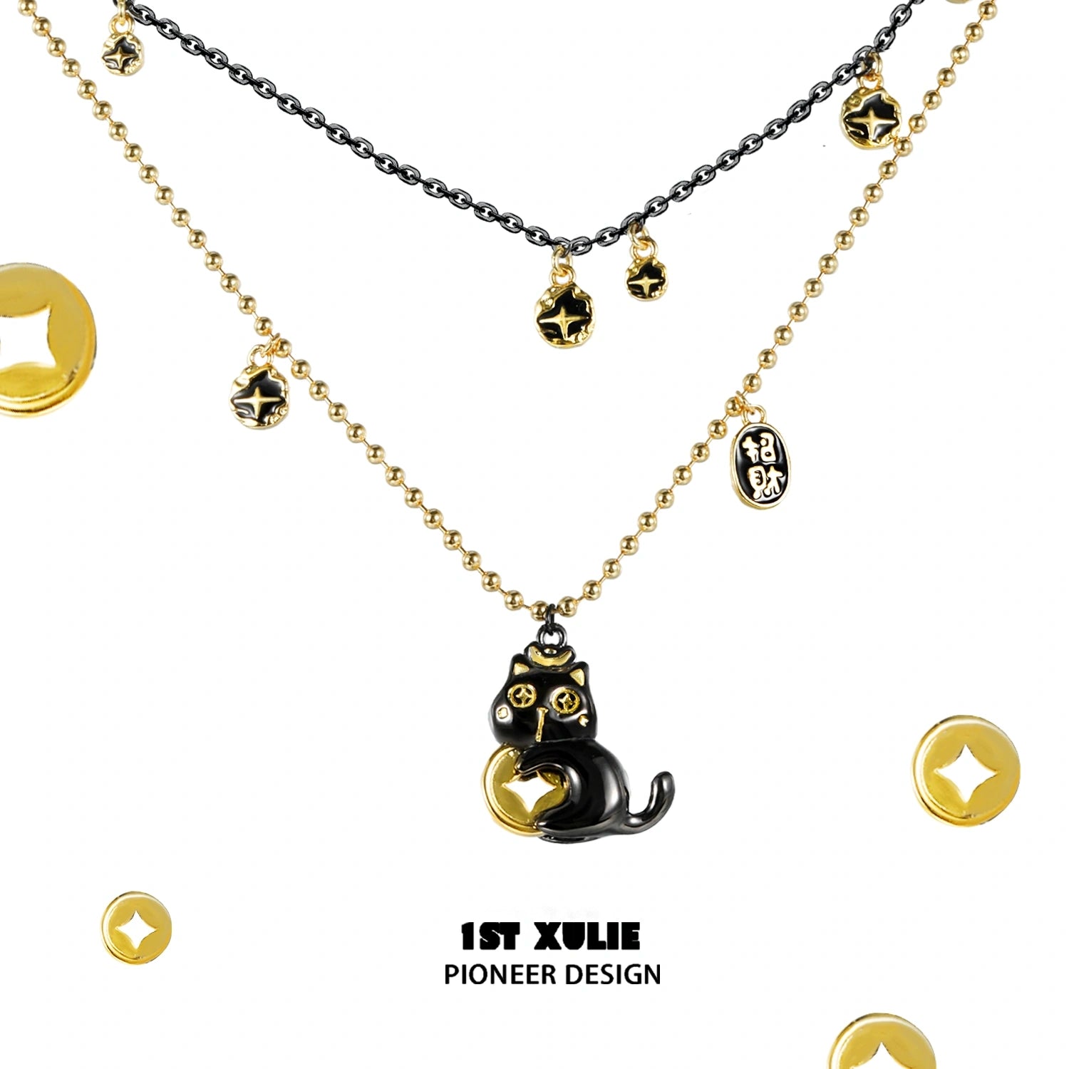 18K Gold Plated Lucky Cat Double Layer Pendant Choker Necklace - Elegant Japanese Maneki Neko Charm for Women's Fashion & Gift Giving